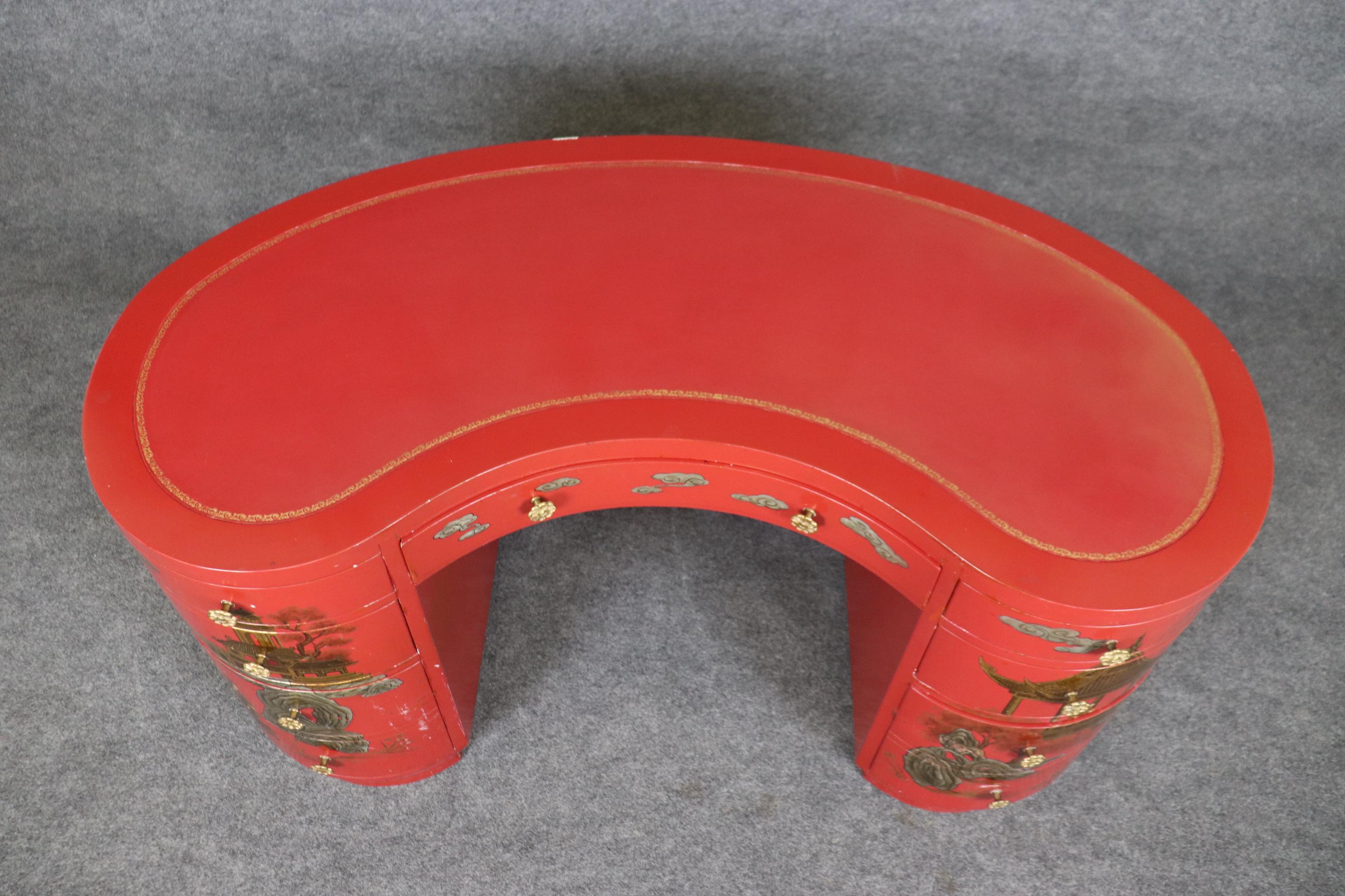 Unique Red Leather Gold Embossed Kidney Shaped Chinoiserie Painted Desk 3