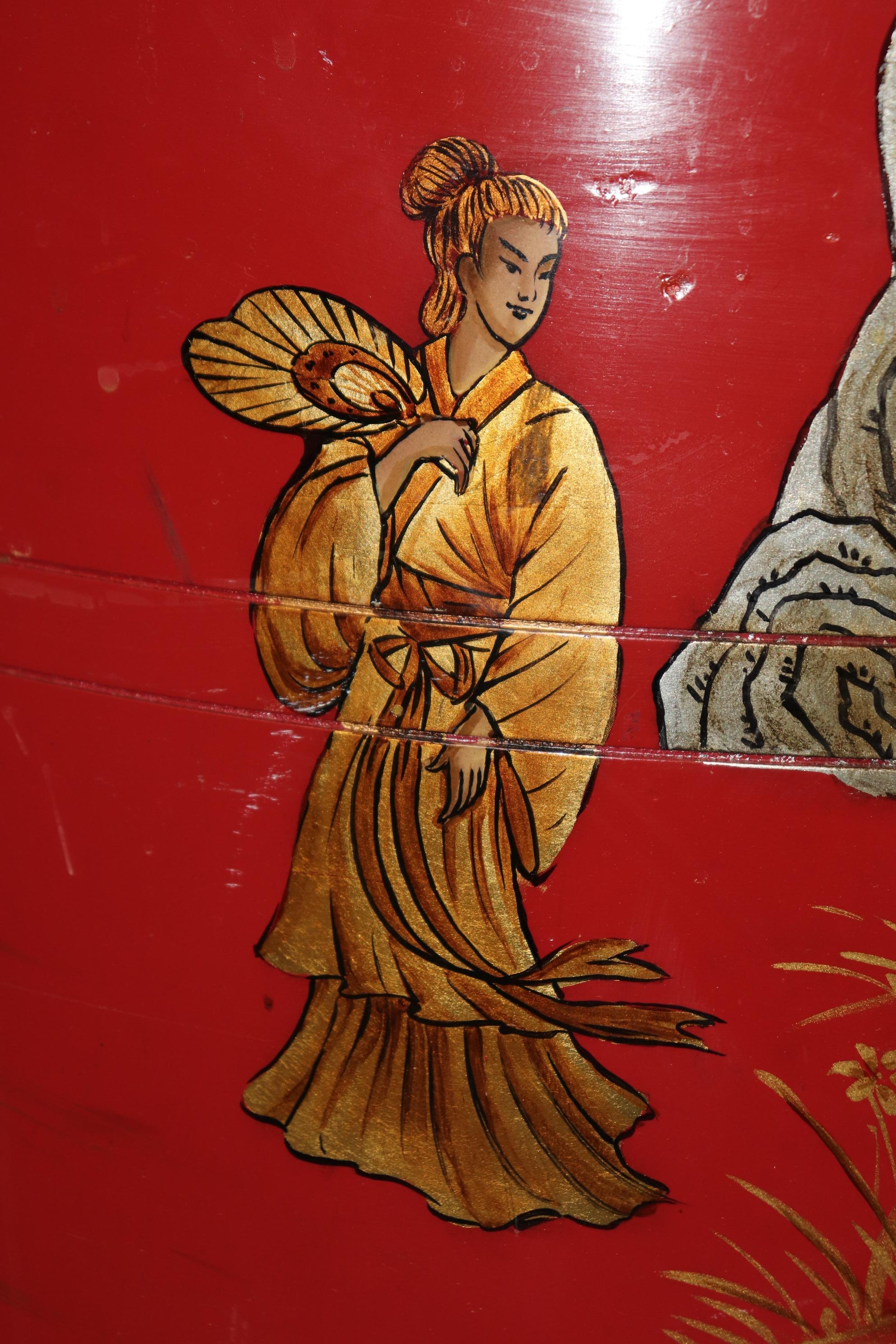 Unique Red Leather Gold Embossed Kidney Shaped Chinoiserie Painted Desk 4