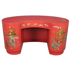Unique Red Leather Gold Embossed Kidney Shaped Chinoiserie Painted Desk