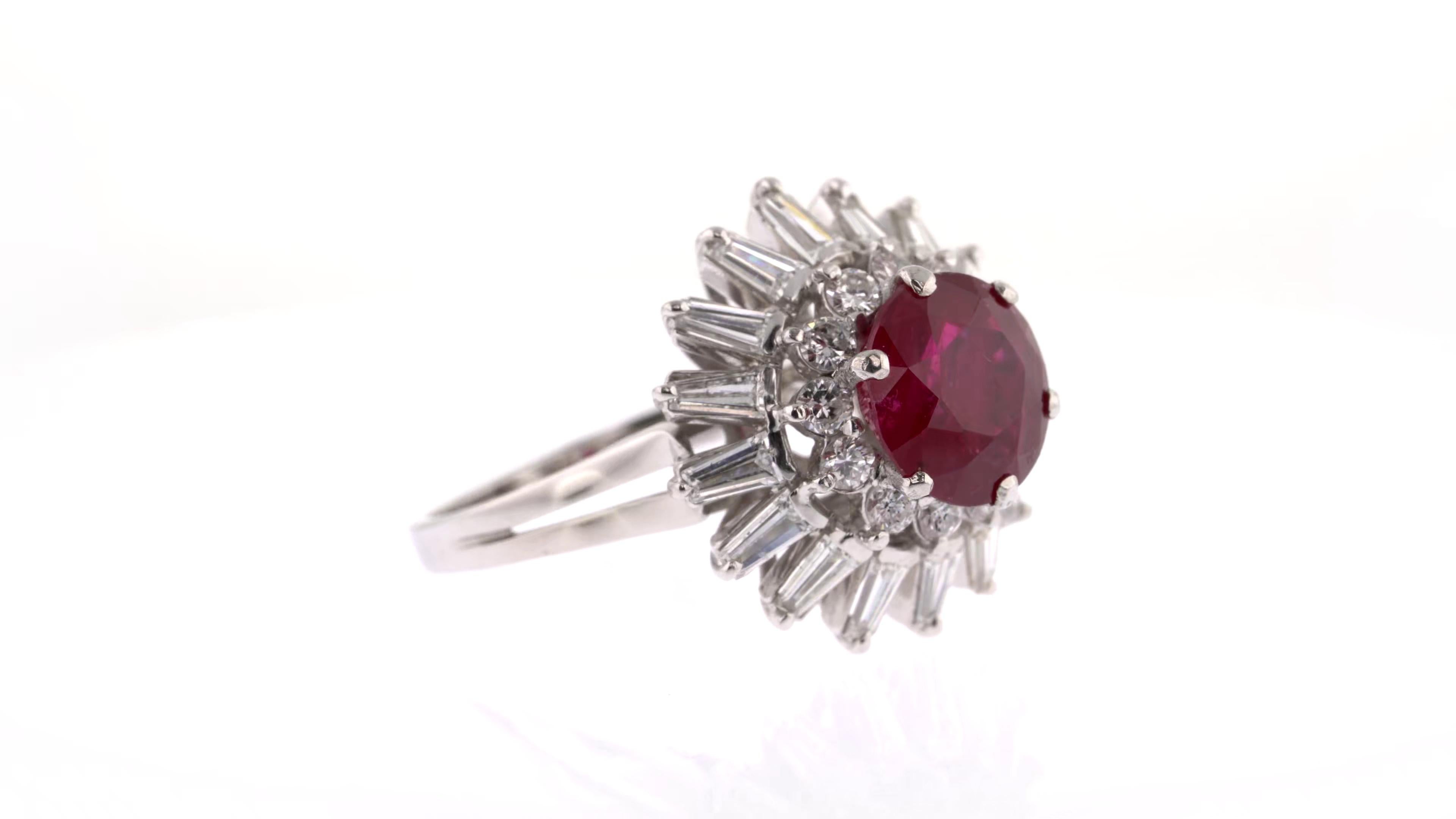 Women's or Men's Unique Red Ruby and White Diamond Cluster Ring in White Gold For Sale