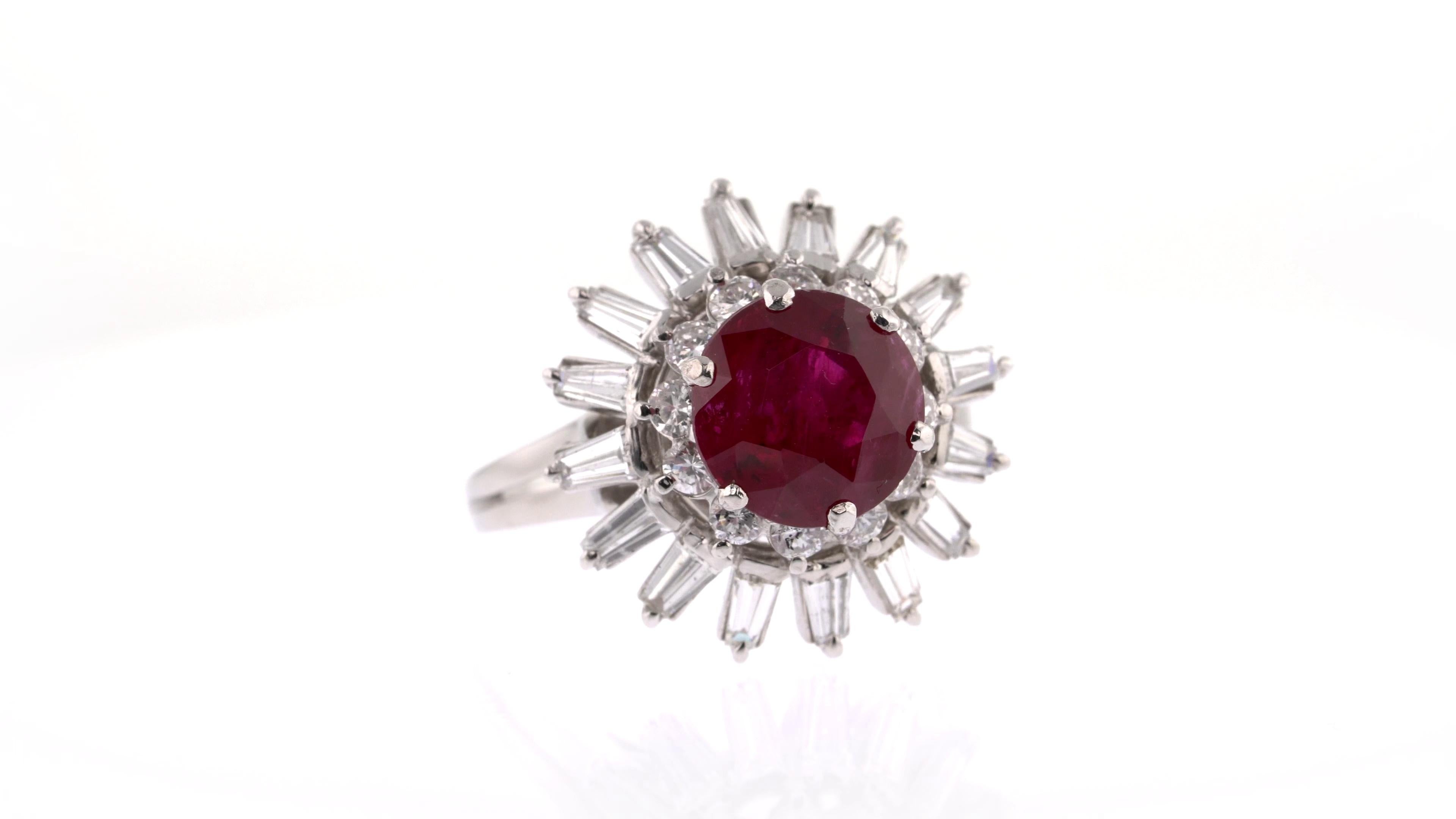 Unique Red Ruby and White Diamond Cluster Ring in White Gold For Sale 1