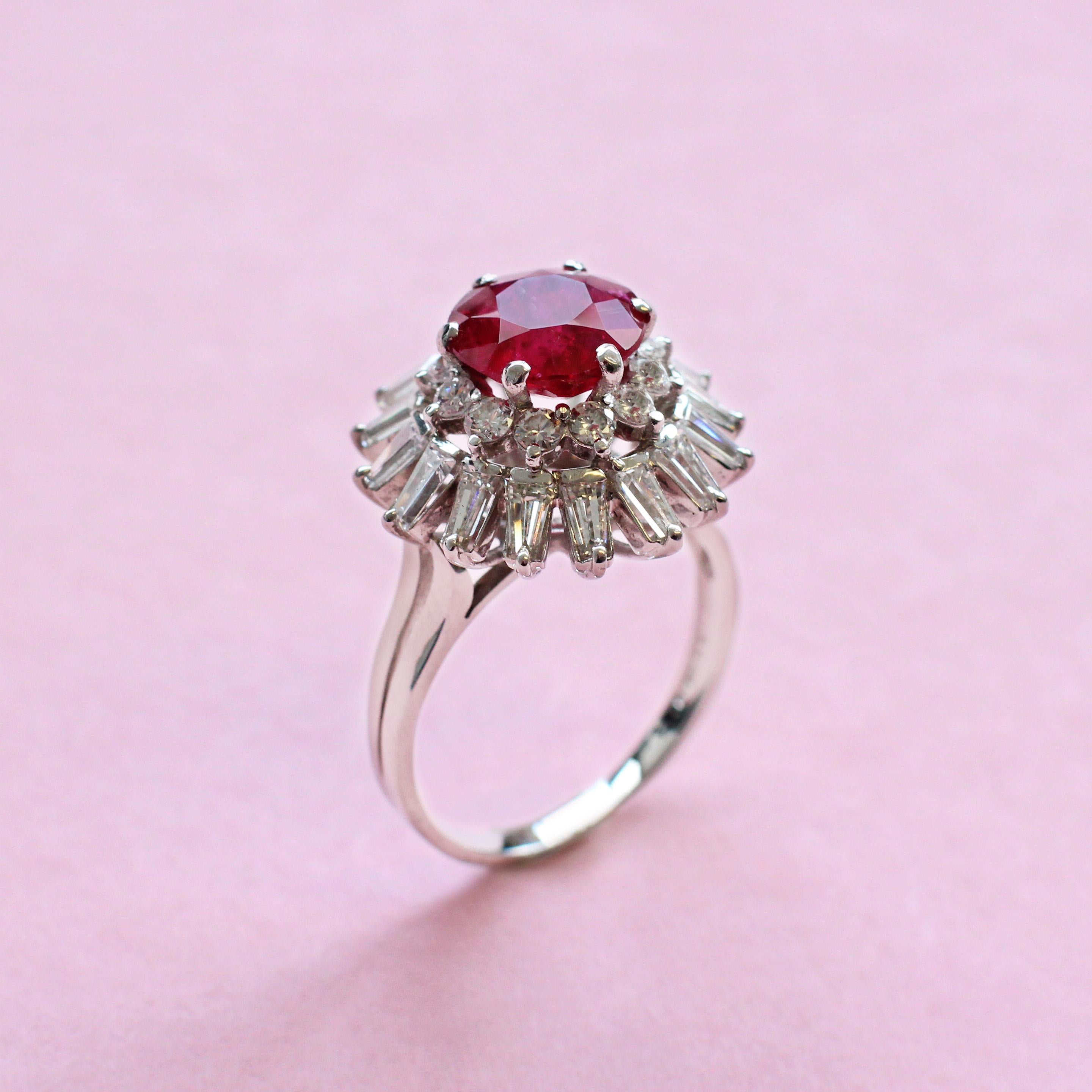 Contemporary Unique Red Ruby and White Diamond Cluster Ring in White Gold For Sale