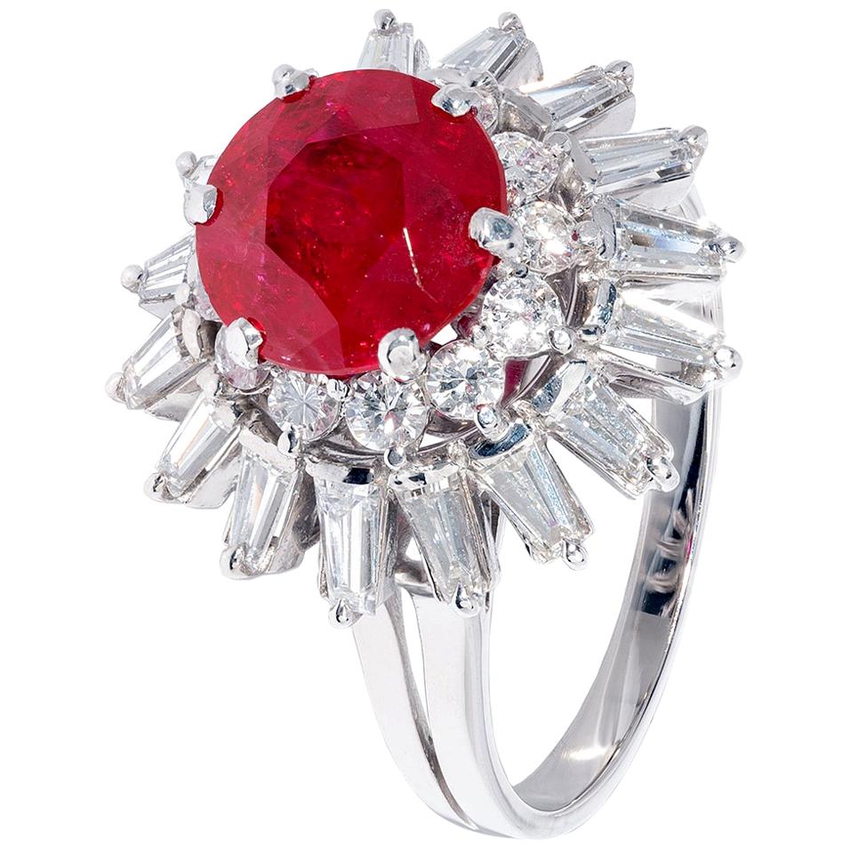 Unique Red Ruby and White Diamond Cluster Ring in White Gold For Sale