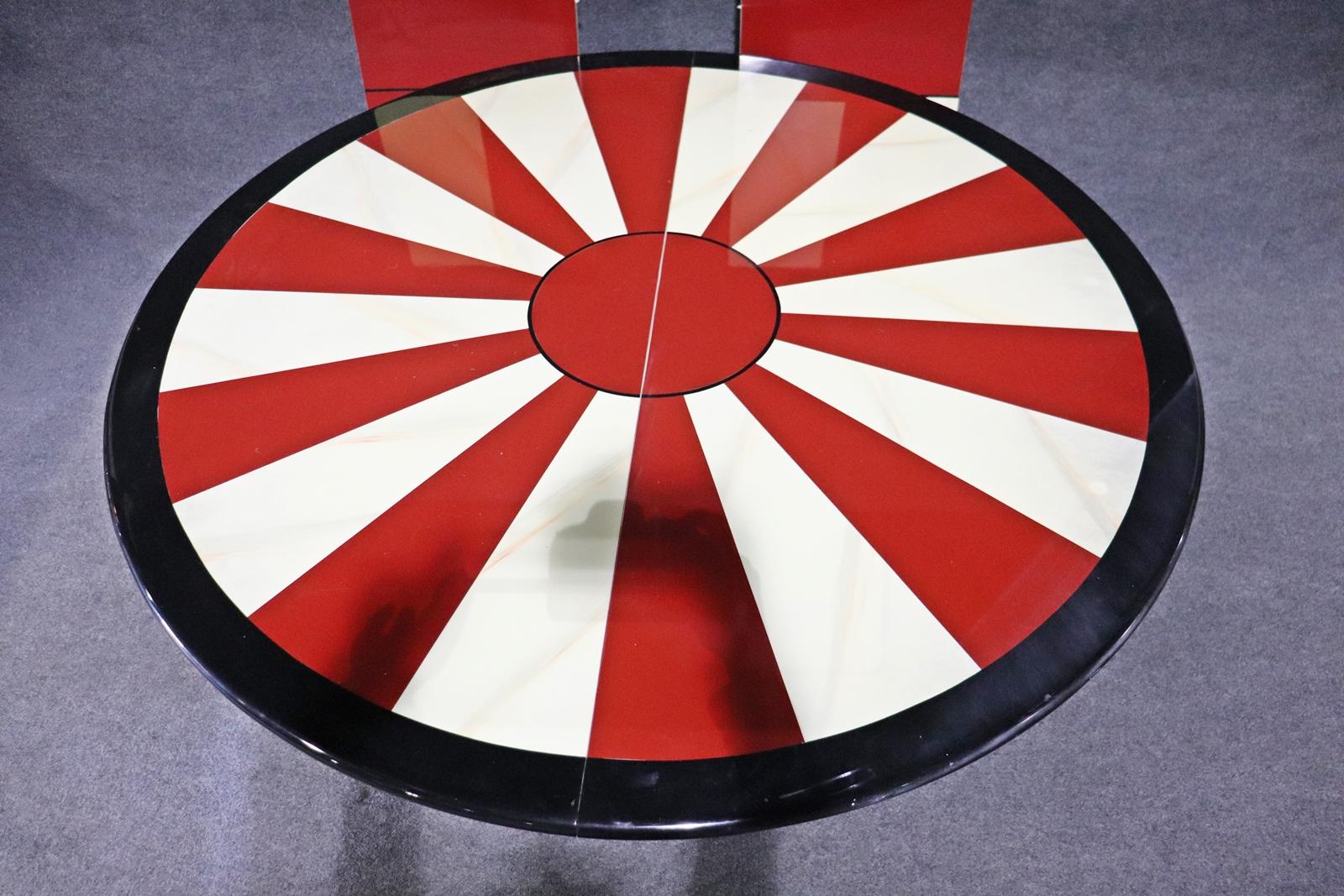 Mid-Century Modern Unique Red White and Black 60 inch Round Dining Table with 2 Leaves 