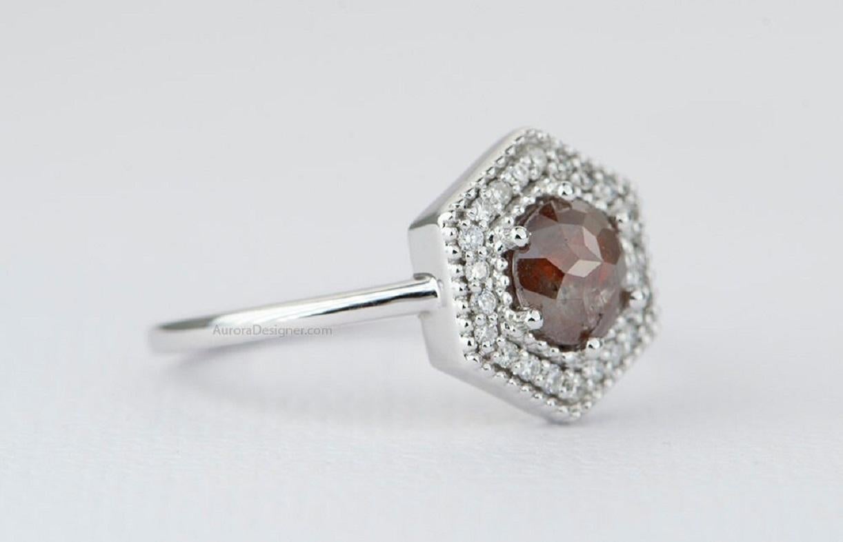 white-rose gold hexagonal halo round diamond engagement ring
