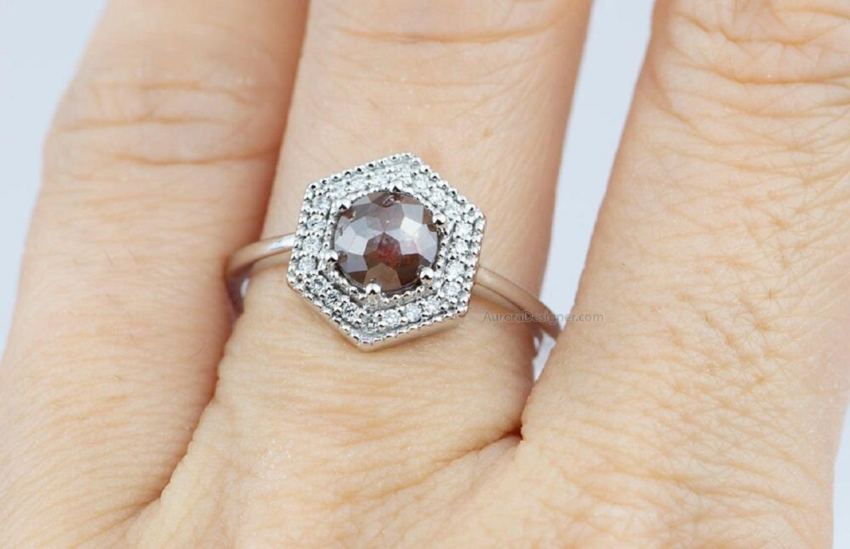 Rose Cut Unique Reddish Diamond with Hexagon Halo 14K White Gold Engagement Ring For Sale