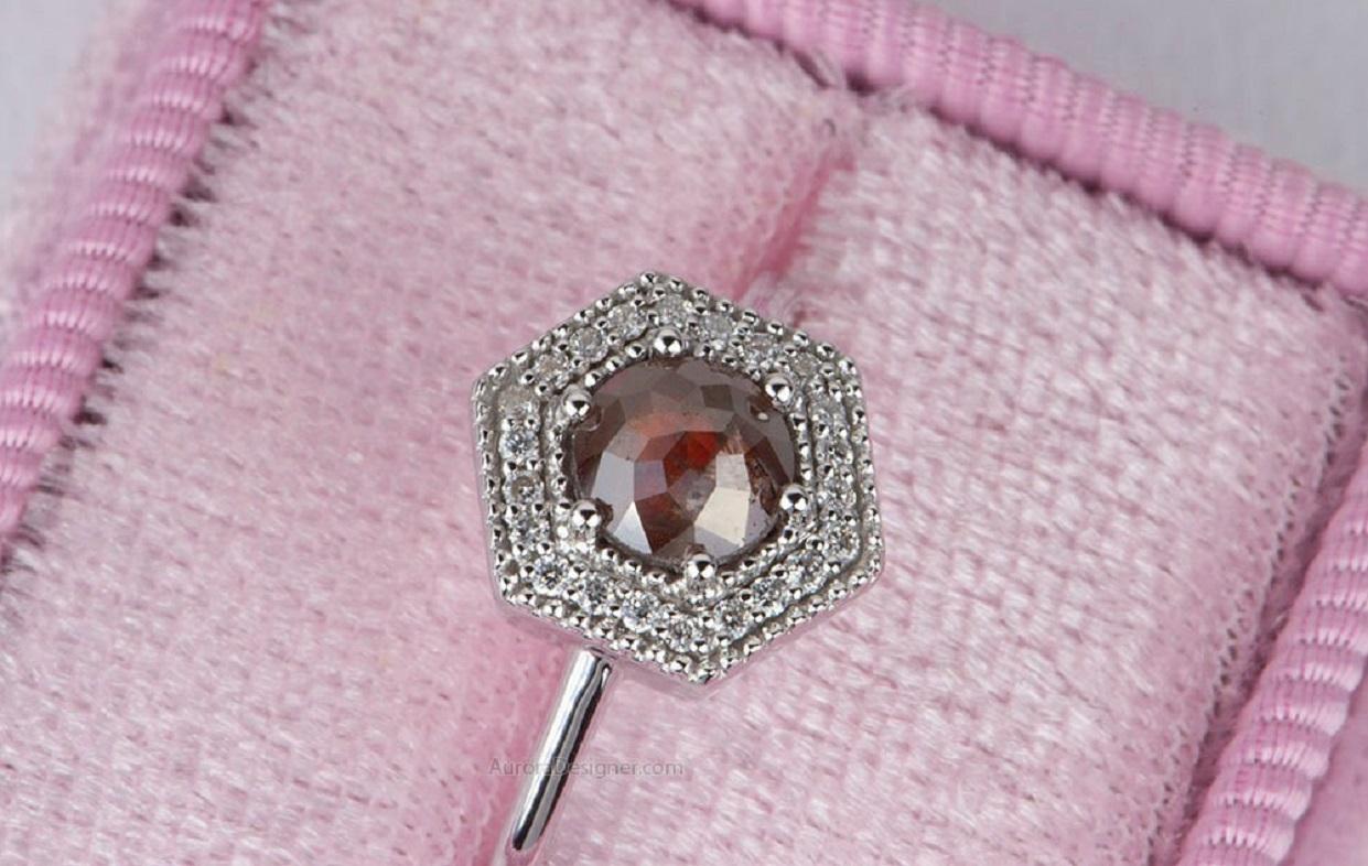 Unique Reddish Diamond with Hexagon Halo 14K White Gold Engagement Ring For Sale 1