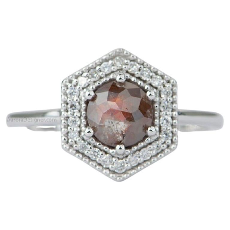 Unique Reddish Diamond with Hexagon Halo 14K White Gold Engagement Ring For Sale
