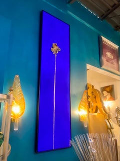 Unique Relief Gold Leaf Flower on Large Blue Klein Background Abstract Painting