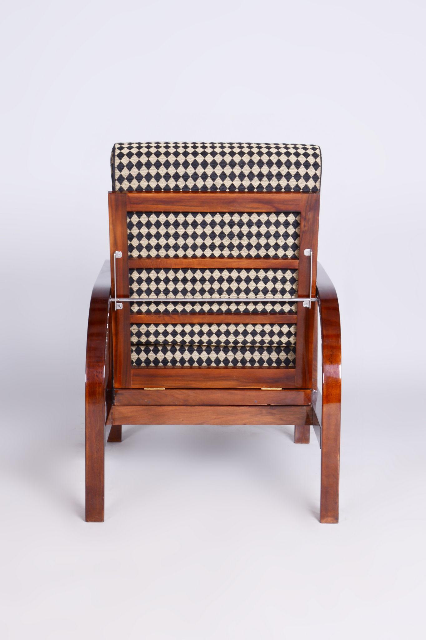 Czech Unique Restored ArtDeco Walnut Reading Reclining Chair, High Gloss, 1920s