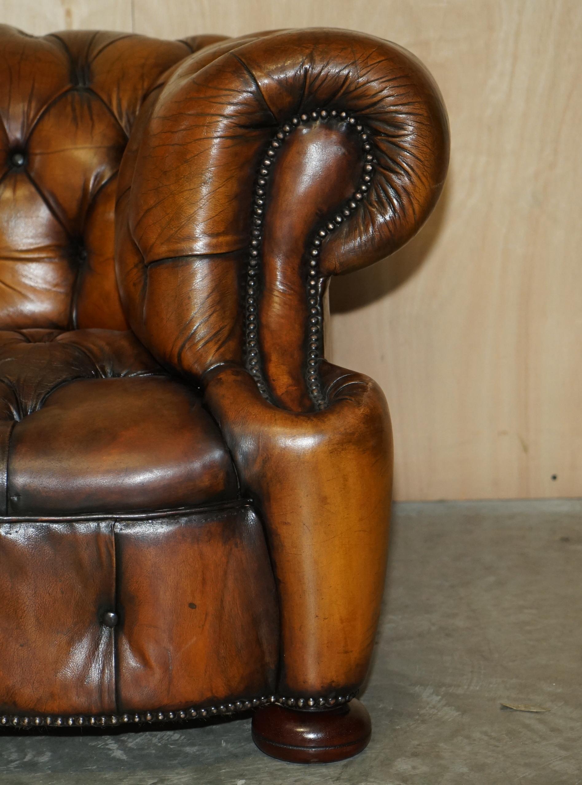 Unique Restored Curved Vintage Chesterfield Tufted Cigar Brown Leather Sofa 3