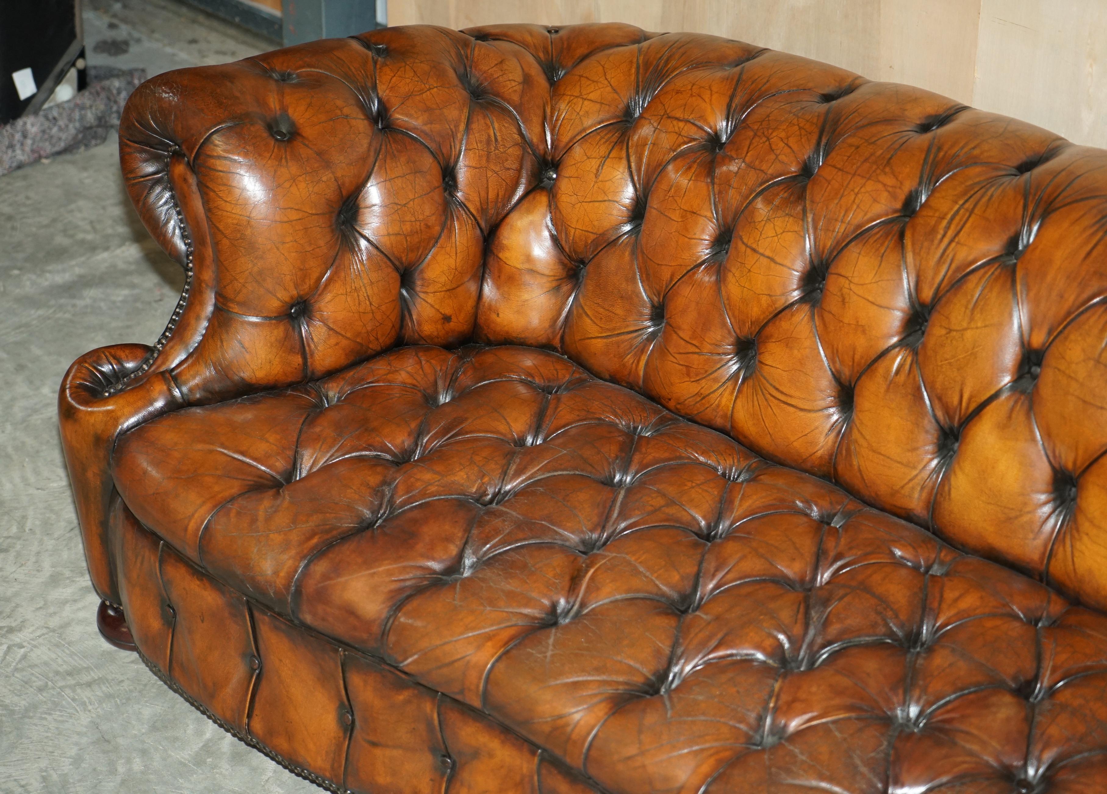 Unique Restored Curved Vintage Chesterfield Tufted Cigar Brown Leather Sofa 11