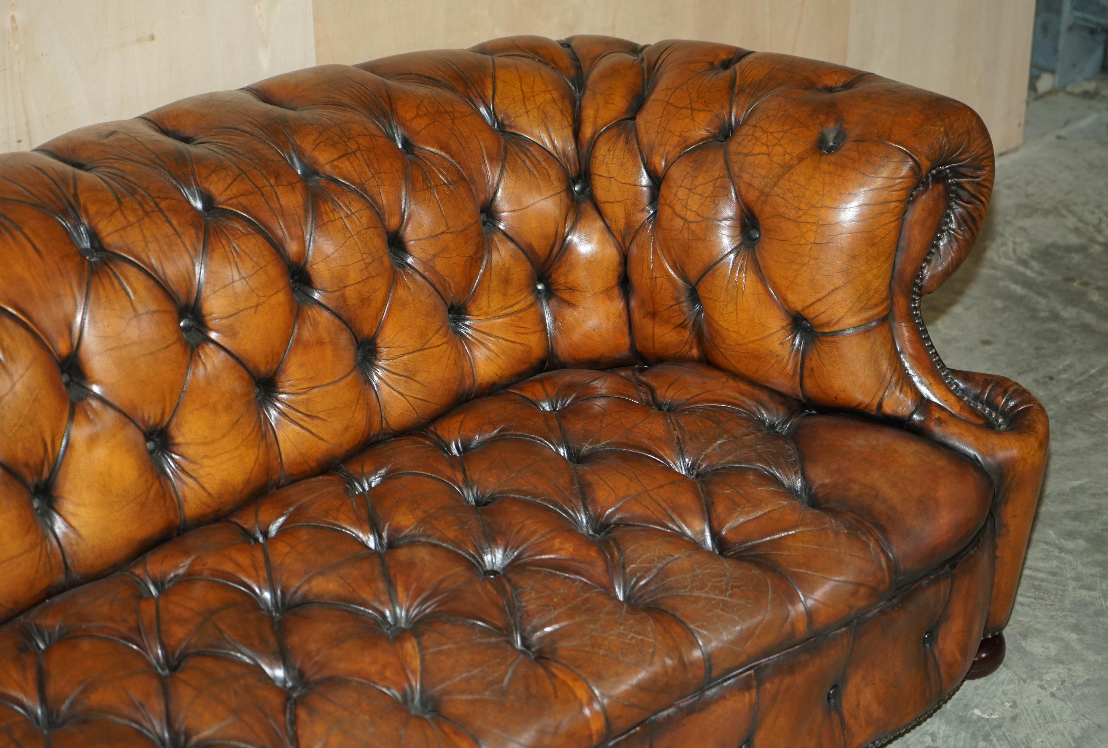 Unique Restored Curved Vintage Chesterfield Tufted Cigar Brown Leather Sofa 11