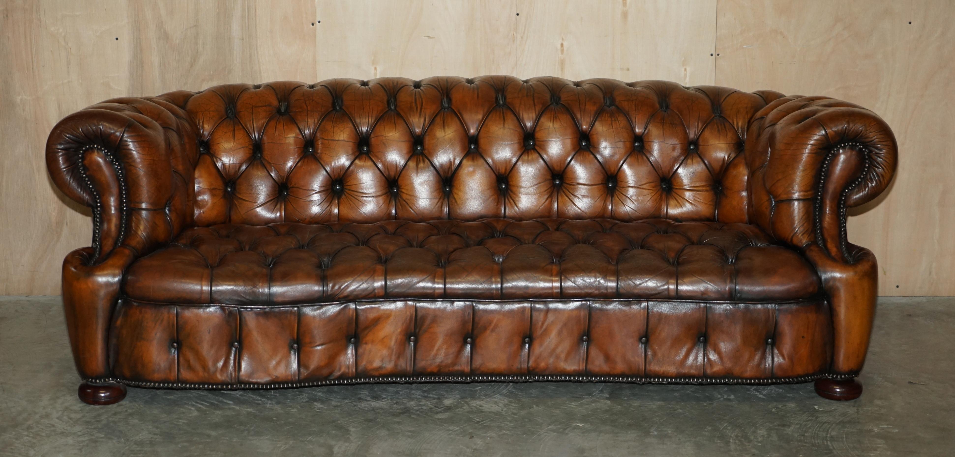 Regency Unique Restored Curved Vintage Chesterfield Tufted Cigar Brown Leather Sofa