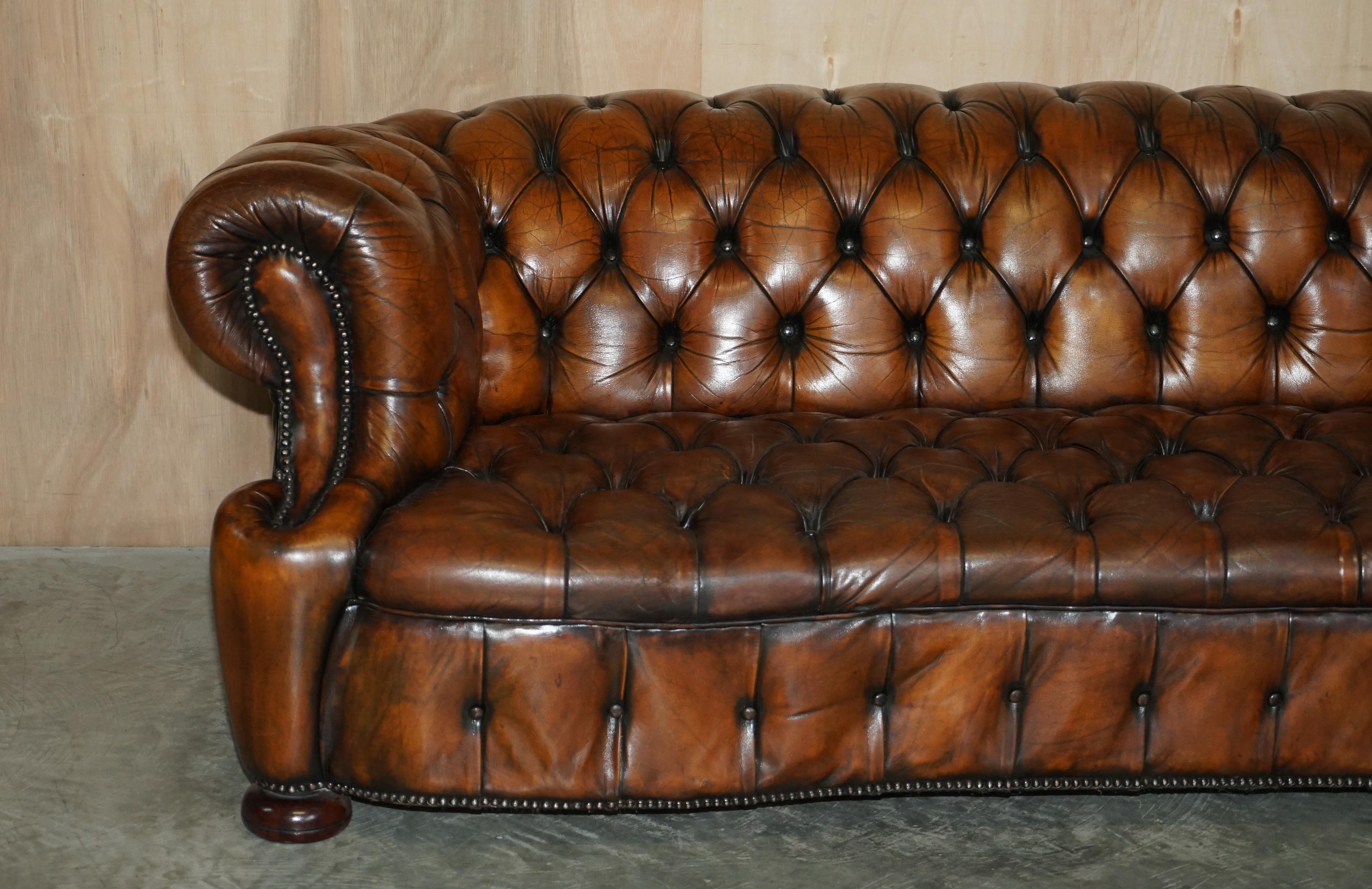 English Unique Restored Curved Vintage Chesterfield Tufted Cigar Brown Leather Sofa