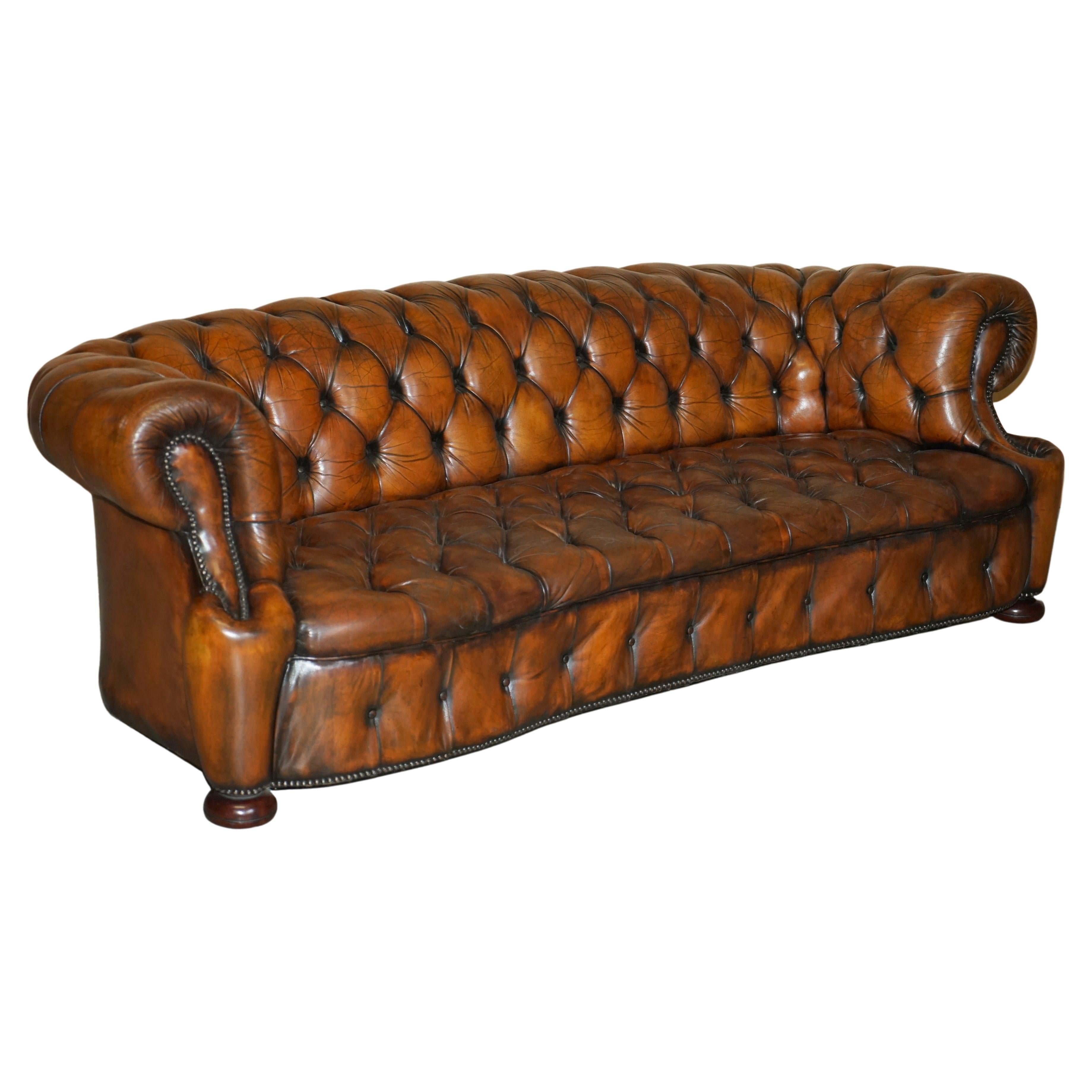 Unique Restored Curved Vintage Chesterfield Tufted Cigar Brown Leather Sofa