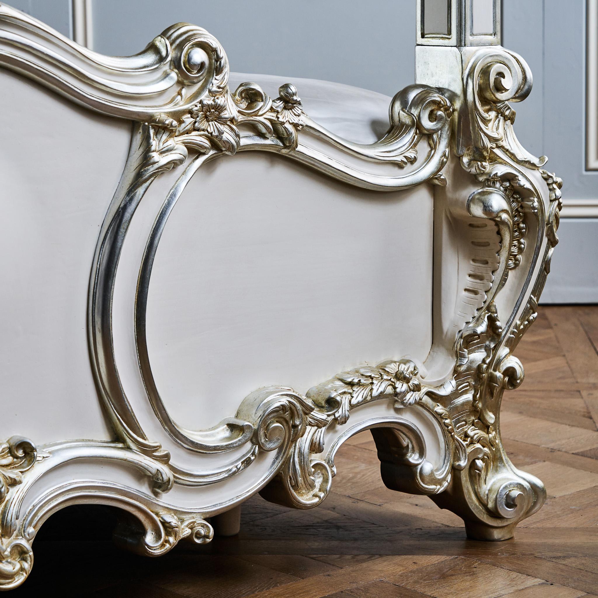 Unique Rococo Style Finely Carved 4 Poster/Bunk Bed With Silver Gilt wood  For Sale 2