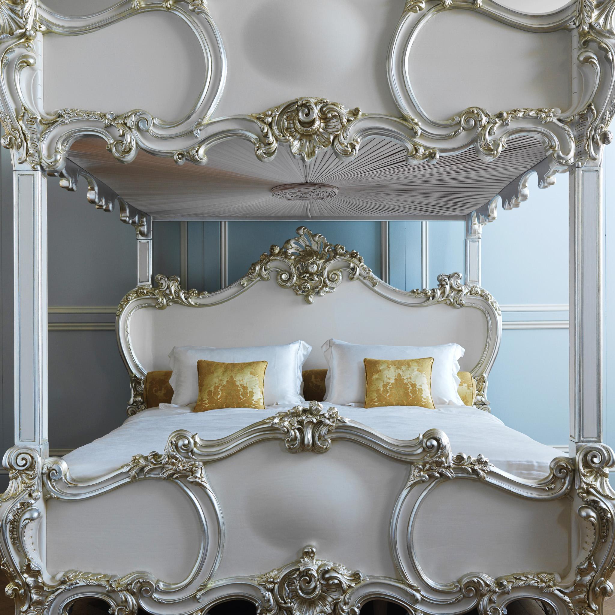 British Unique Rococo Style Finely Carved 4 Poster/Bunk Bed With Silver Gilt wood  For Sale