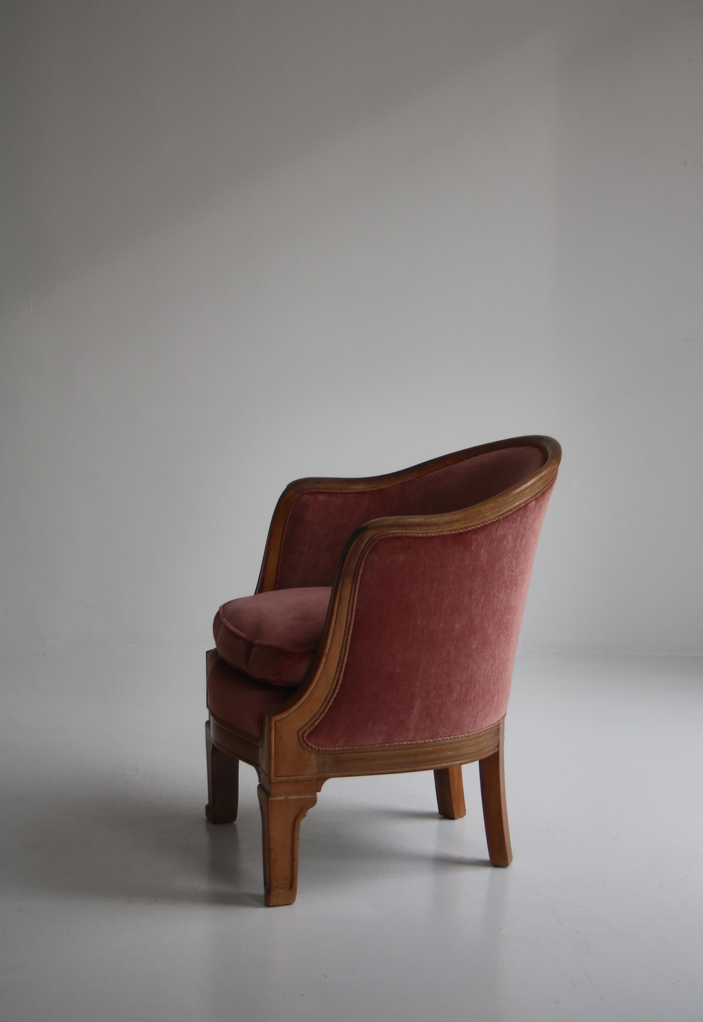 Baroque Revival Unique Rosewood & Pink Velvet Lounge Chair Attributed to Uno Åhrén For Sale