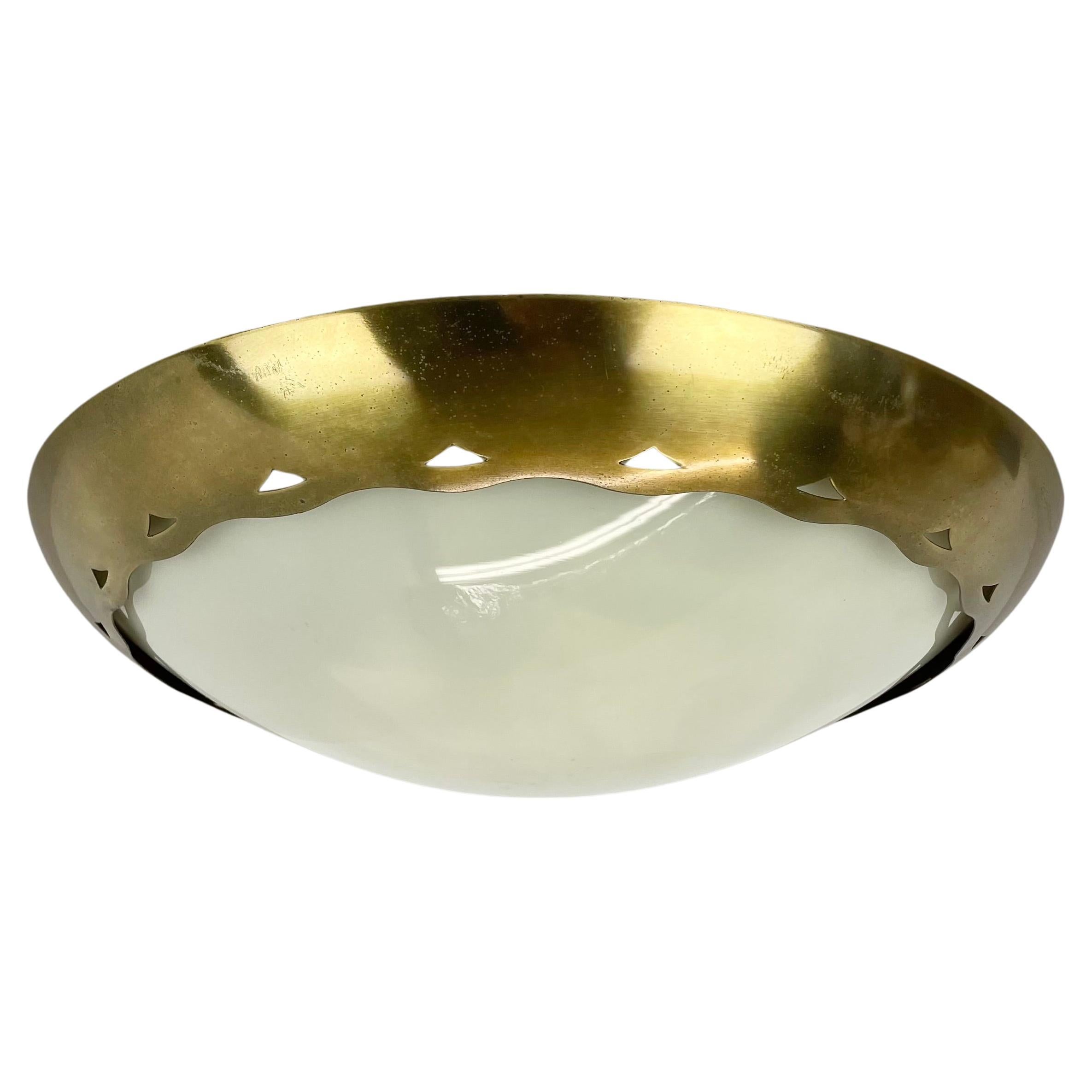unique round 38cm Brass Gino Sarfatti Style Ceiling Light Flushmount, Italy 1950 For Sale
