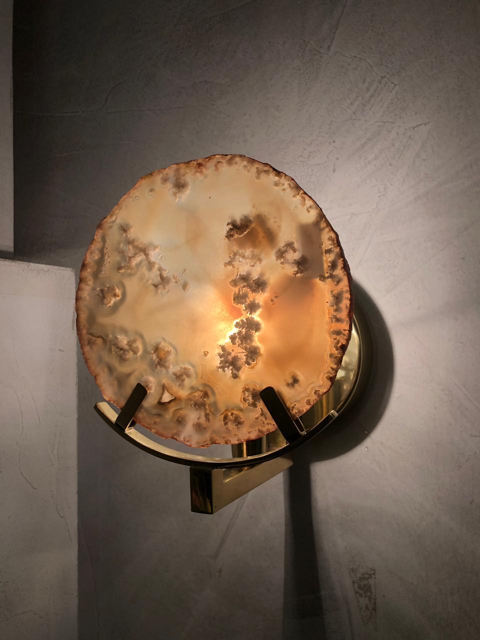 Contemporary Unique Round Agate Stone and Brass Sconces