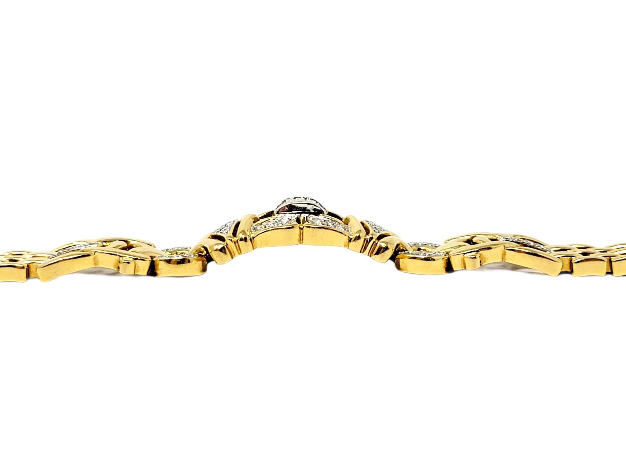 Unique Round and Baguette Natural Diamond Link Bracelet 18 Karat Yellow Gold For Sale 7