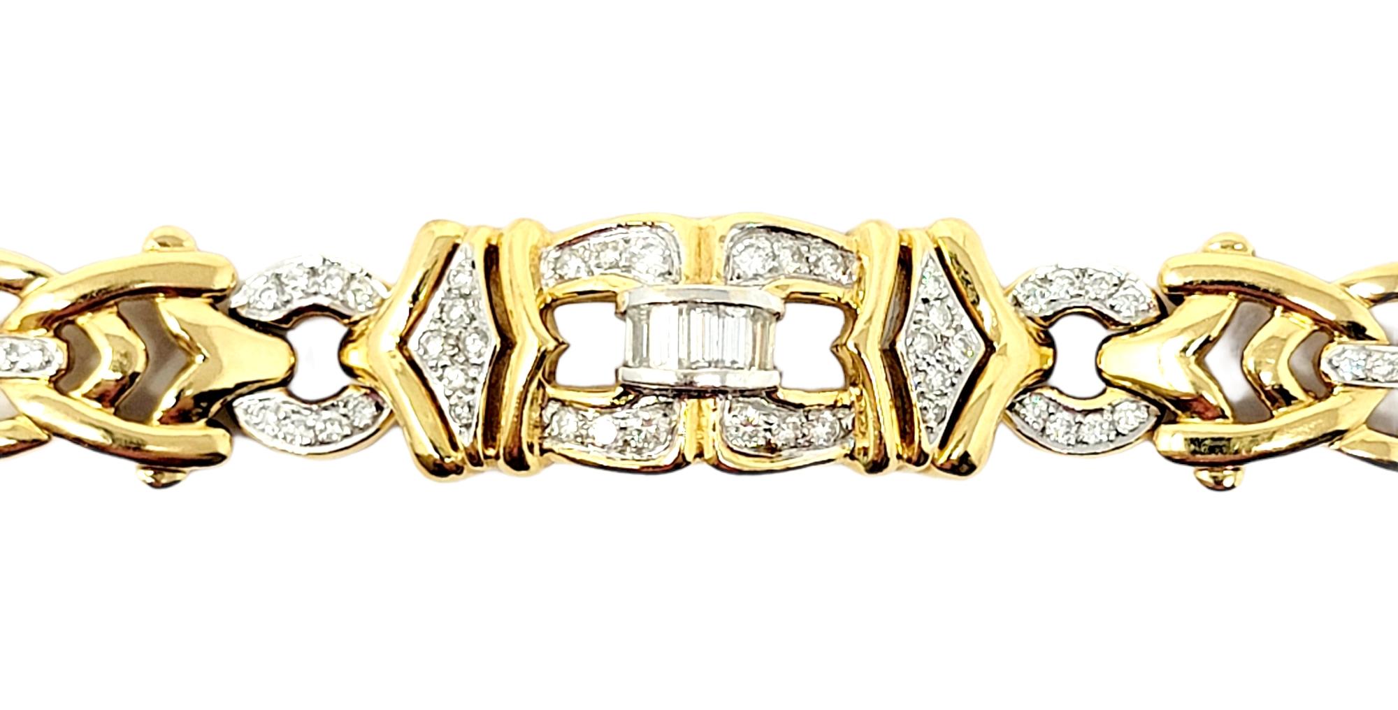 This absolutely gorgeous diamond and yellow gold bracelet exudes elegance and sophistication. This unique piece features assorted shaped polished 18 karat yellow gold open links throughout. The golden links are embellished with round brilliant