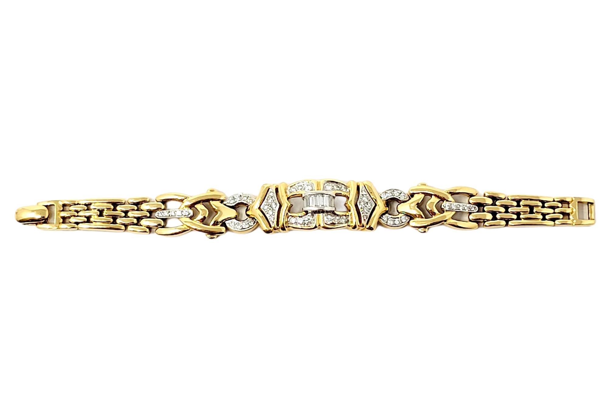 Unique Round and Baguette Natural Diamond Link Bracelet 18 Karat Yellow Gold In Good Condition For Sale In Scottsdale, AZ