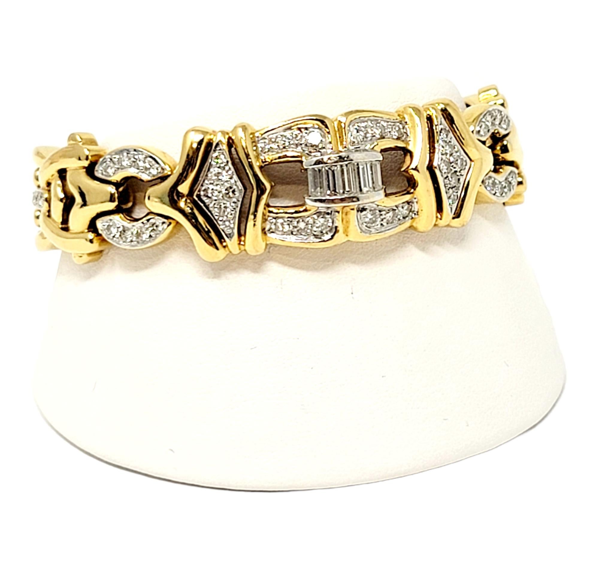 Unique Round and Baguette Natural Diamond Link Bracelet 18 Karat Yellow Gold For Sale 1