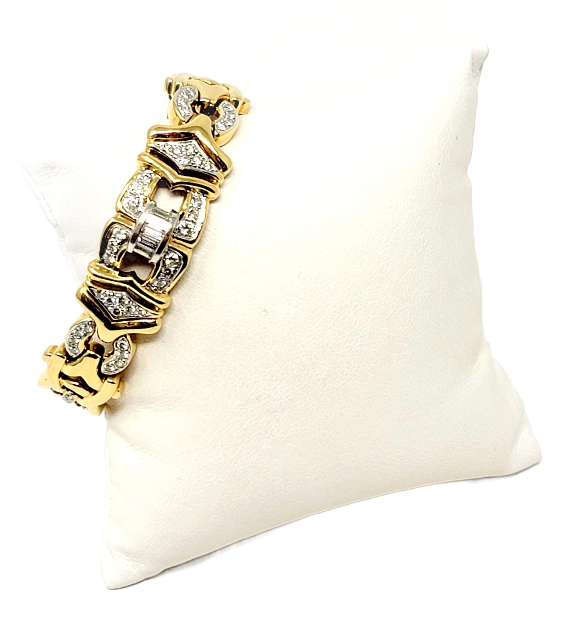 Unique Round and Baguette Natural Diamond Link Bracelet 18 Karat Yellow Gold For Sale 2
