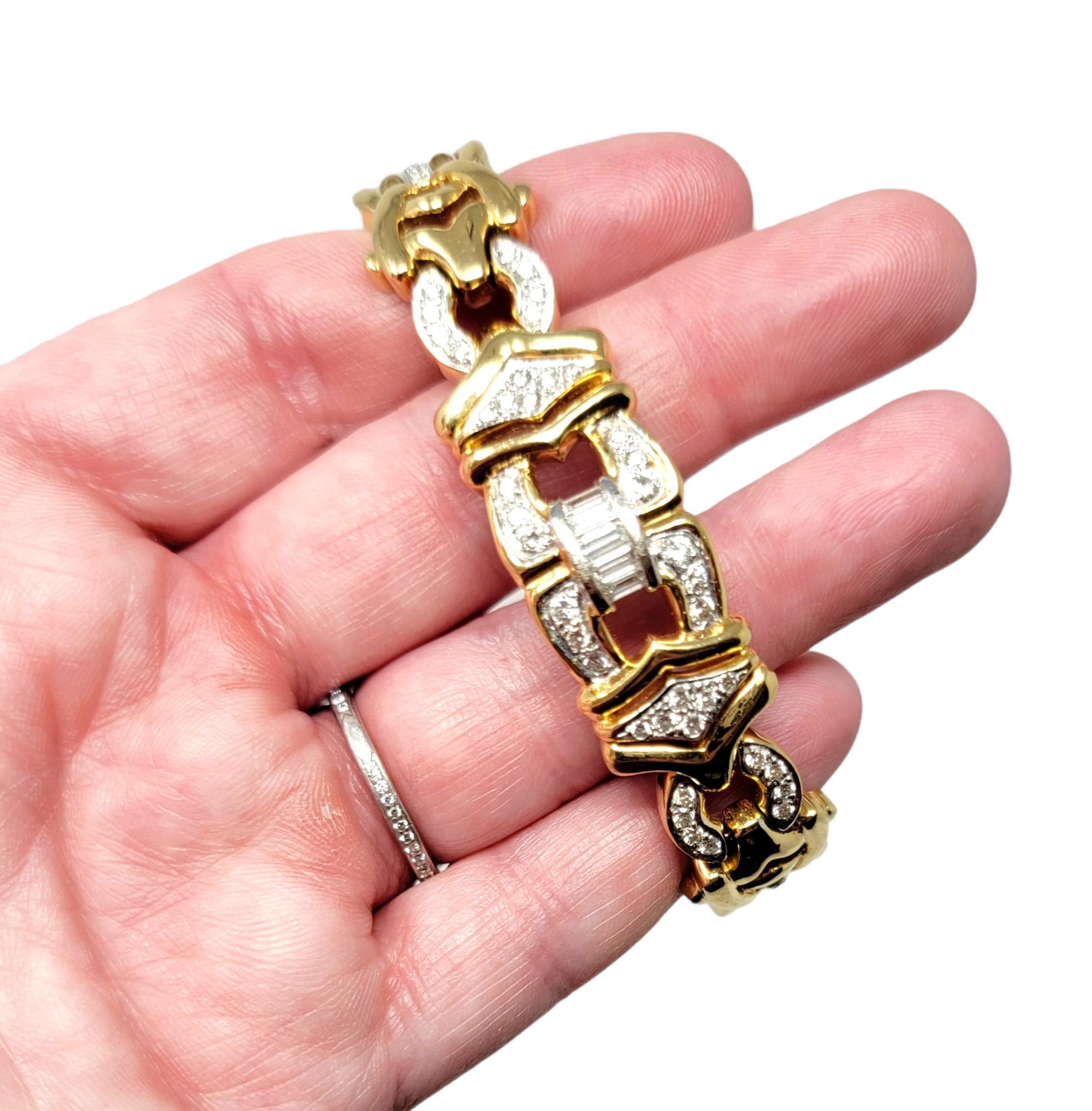 Unique Round and Baguette Natural Diamond Link Bracelet 18 Karat Yellow Gold For Sale 3