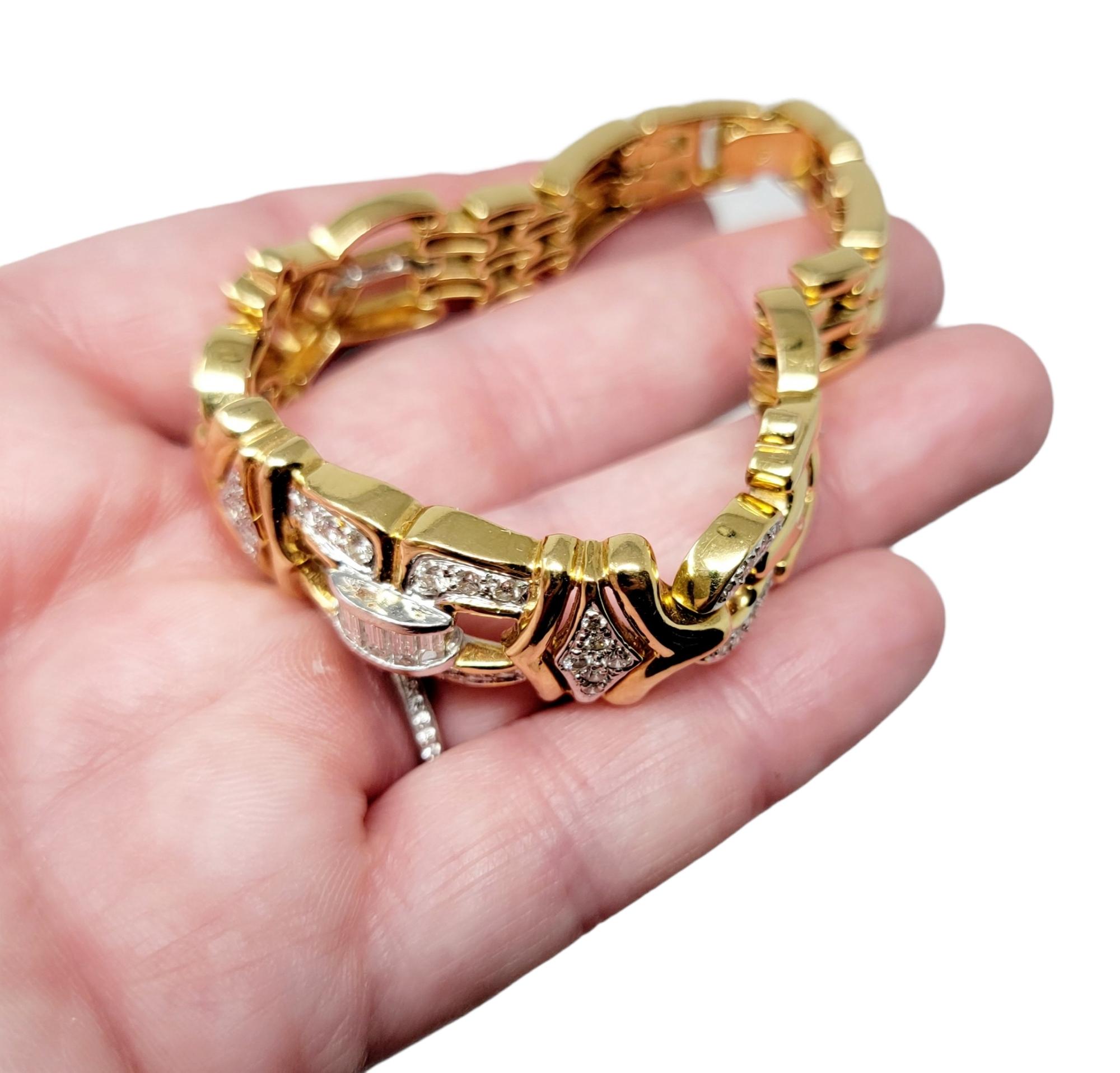 Unique Round and Baguette Natural Diamond Link Bracelet 18 Karat Yellow Gold For Sale 4