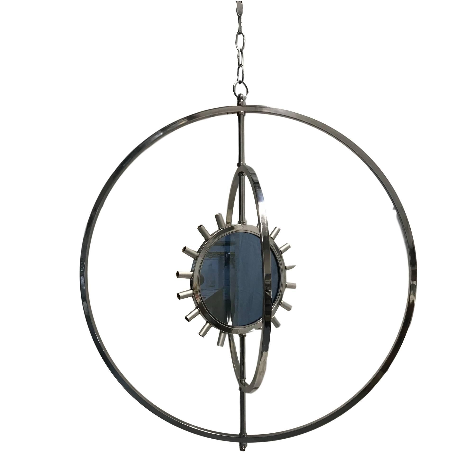 Plated Unique Round Chandelier with Mirrored Center For Sale