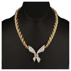 Unique Round Cut Diamonds Gold Pendant Necklace, Modern Butterfly Shaped