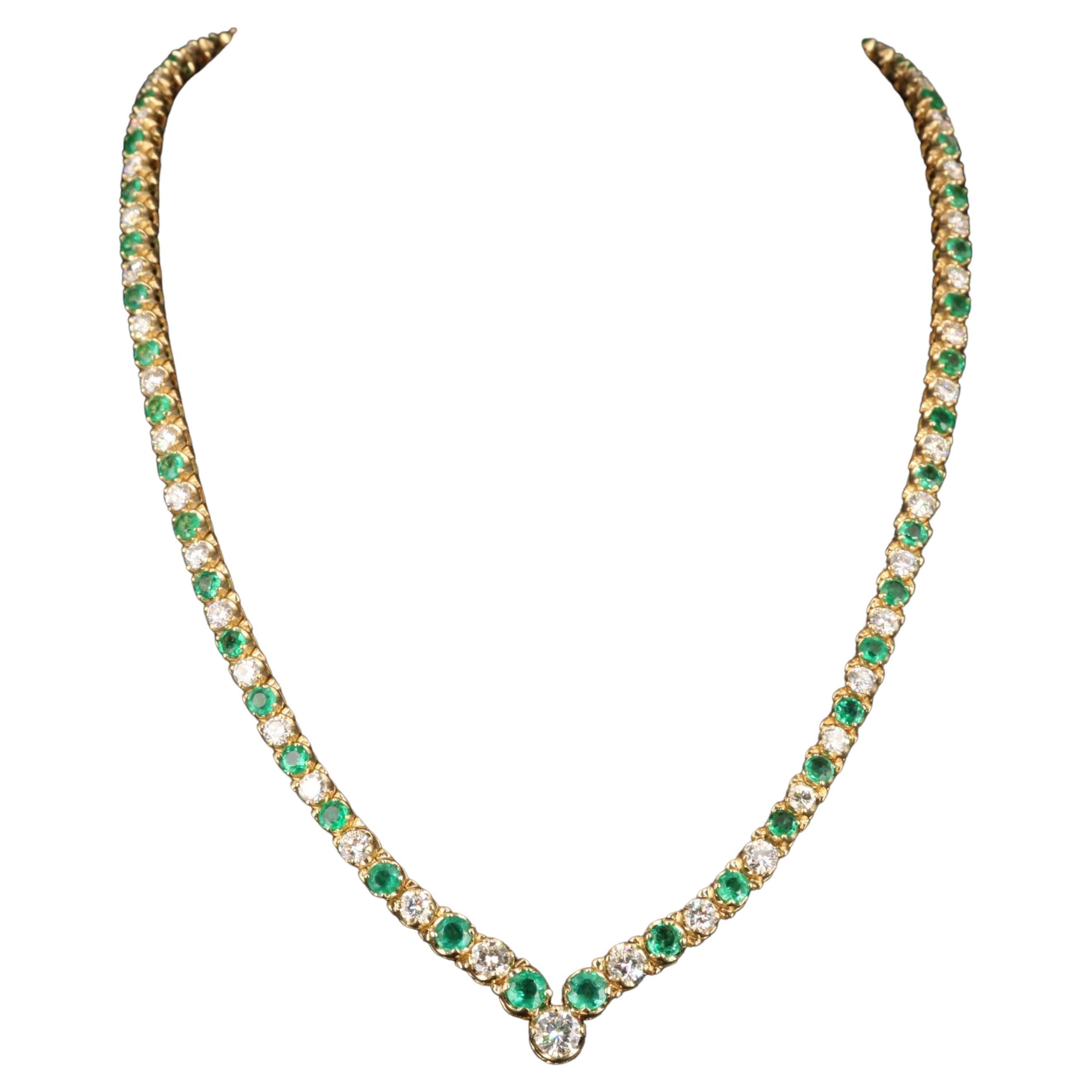 Unique Round Cut Emerald Diamonds Chevron Necklace For Sale