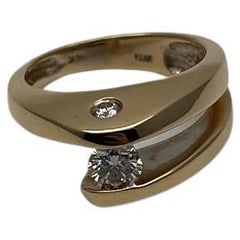 Unique Round Diamond Tension Set Flush Set Bypass 14K Yellow Gold Statement Ring