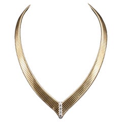 Unique Round Diamonds Chevron Gold Link Necklace, Minimalist 18K Yellow Gold