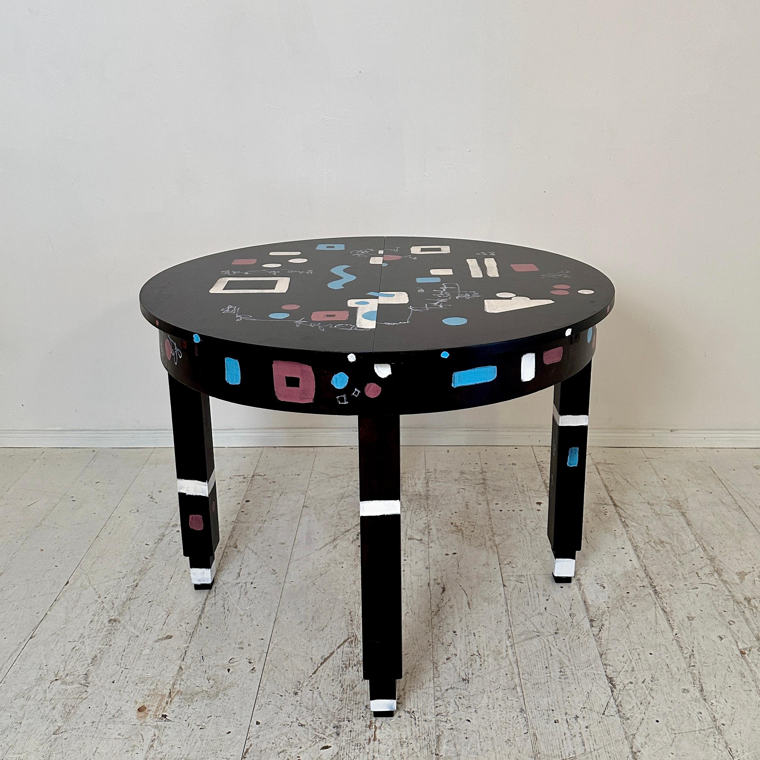 Unique Round Extendable Bauhaus Table Re-Painted in Black and Multiple Colors For Sale 5