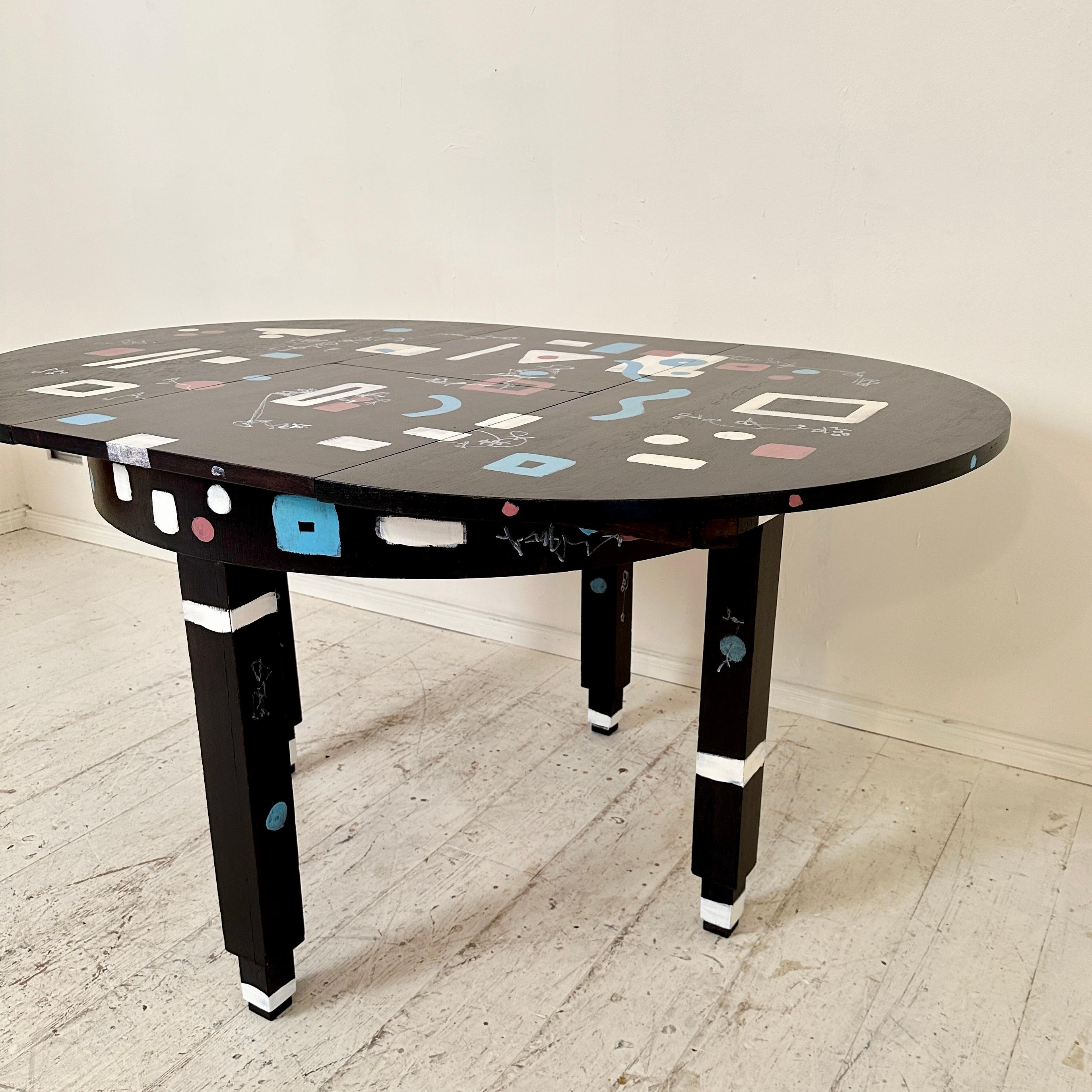 Unique Round Extendable Bauhaus Table Re-Painted in Black and Multiple Colors For Sale 6