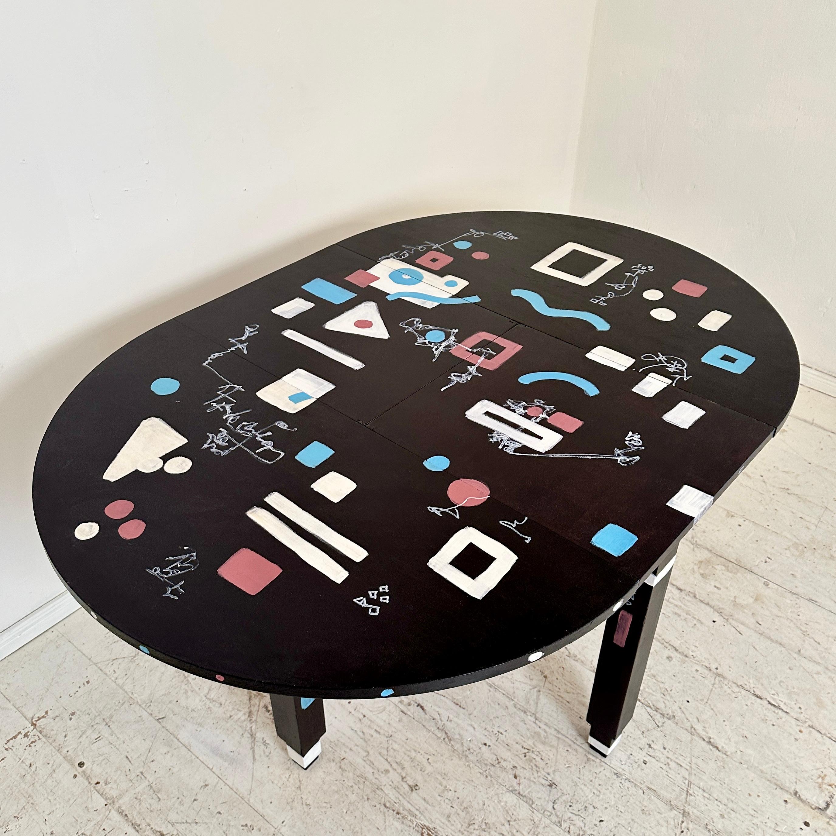 Unique Round Extendable Bauhaus Table Re-Painted in Black and Multiple Colors For Sale 7