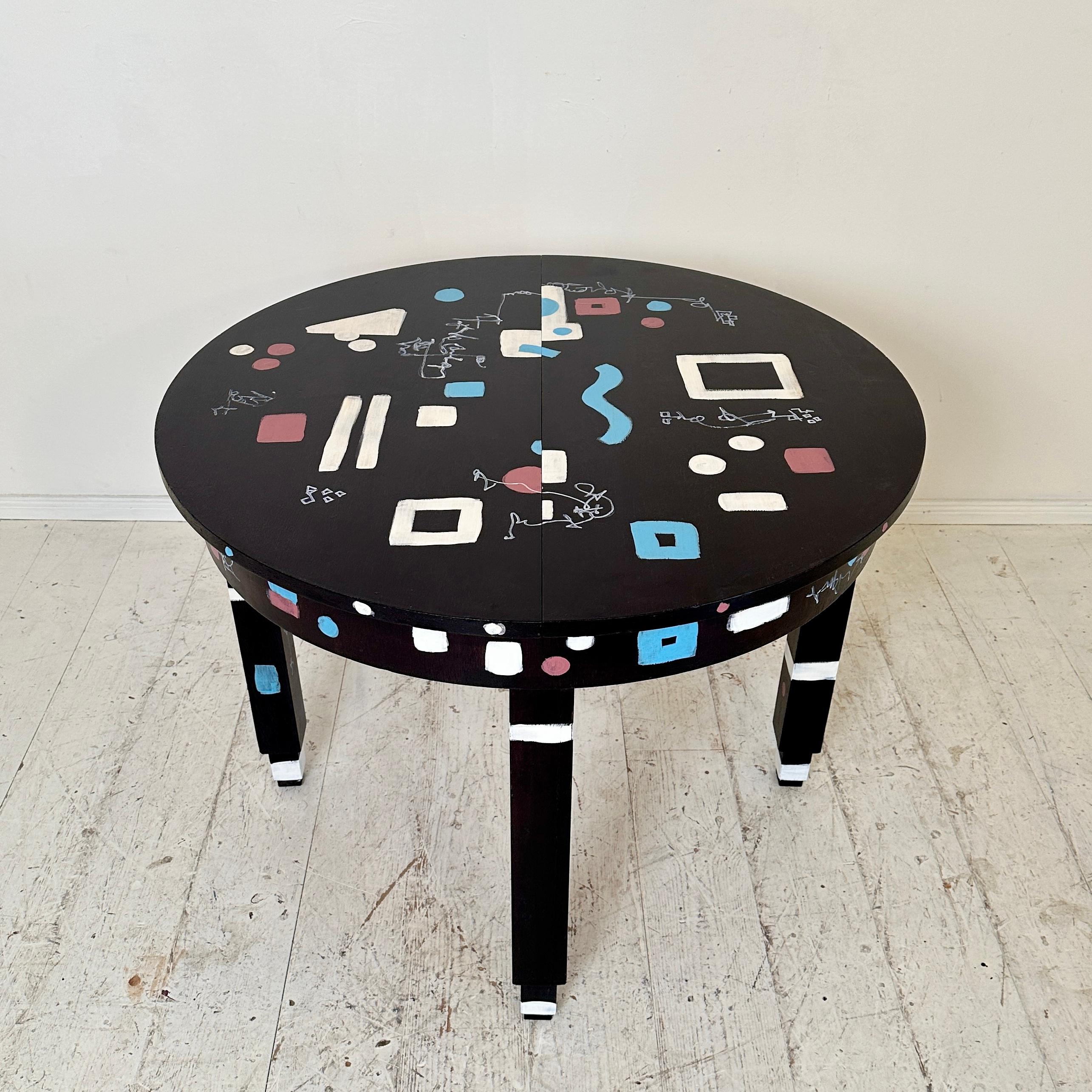 German Unique Round Extendable Bauhaus Table Re-Painted in Black and Multiple Colors For Sale