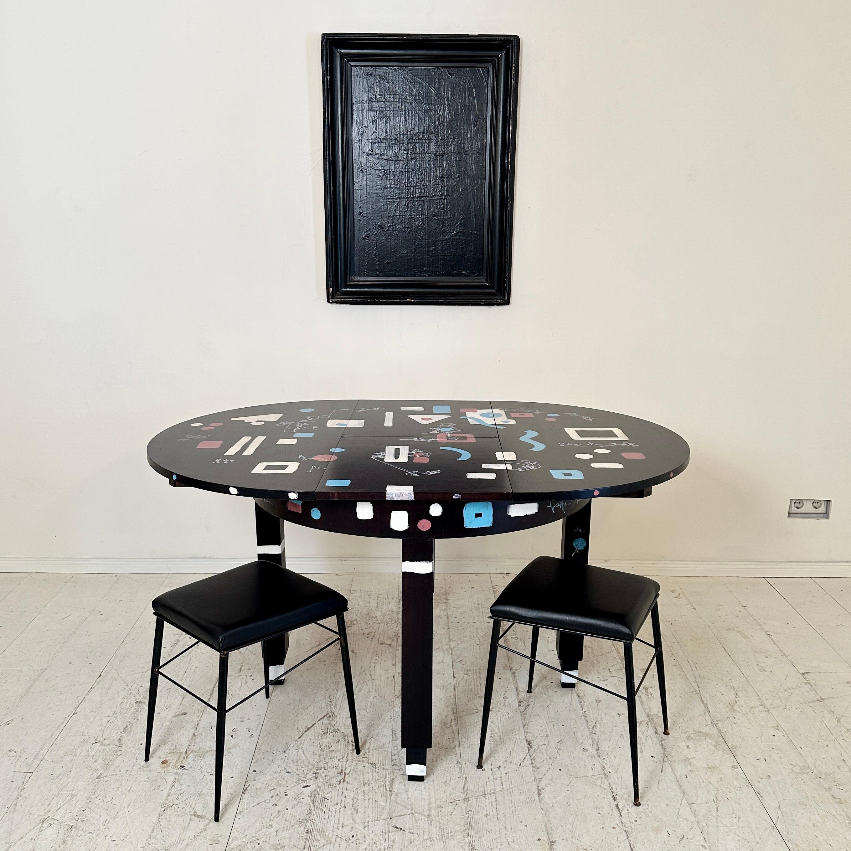 Oak Unique Round Extendable Bauhaus Table Re-Painted in Black and Multiple Colors For Sale
