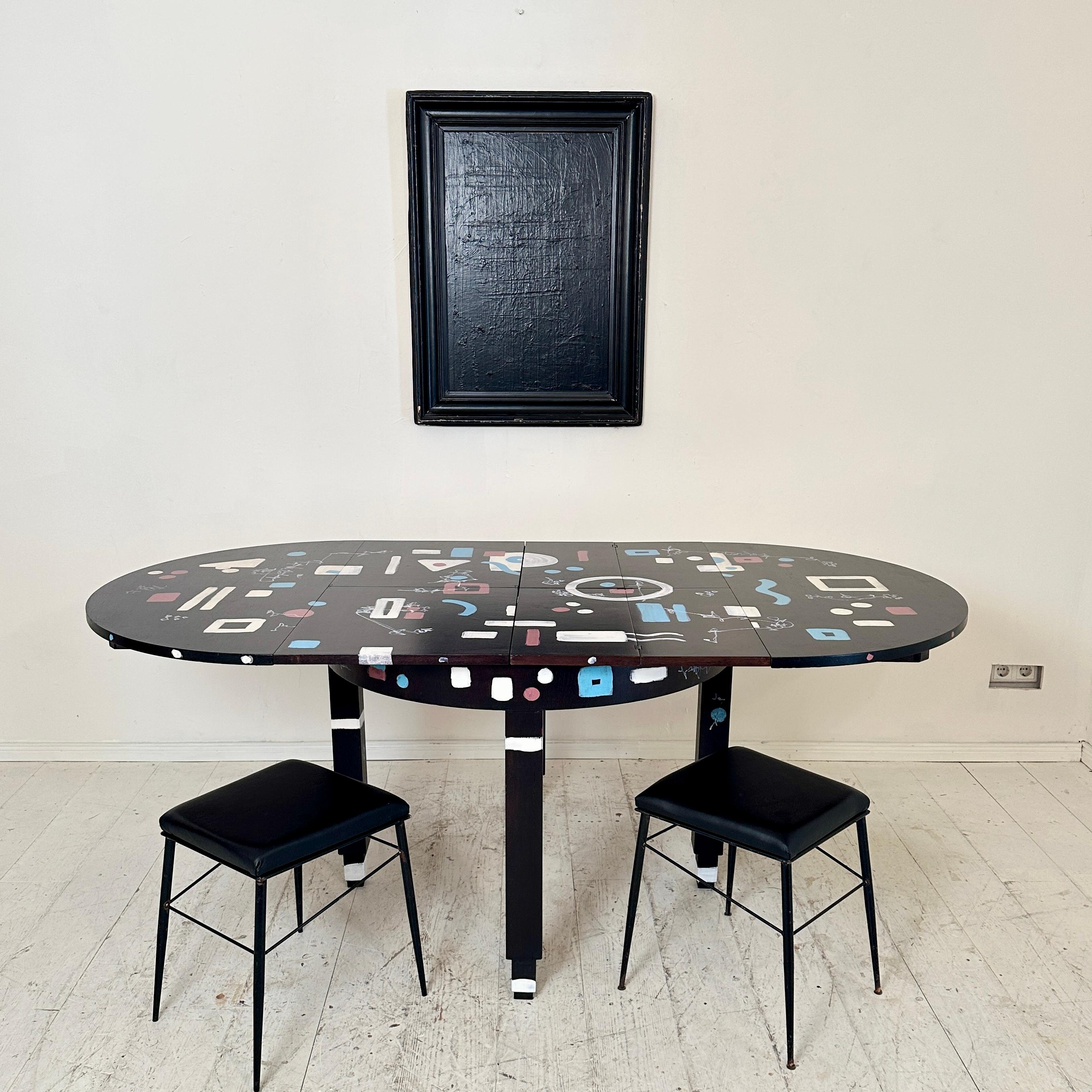 Unique Round Extendable Bauhaus Table Re-Painted in Black and Multiple Colors For Sale 1