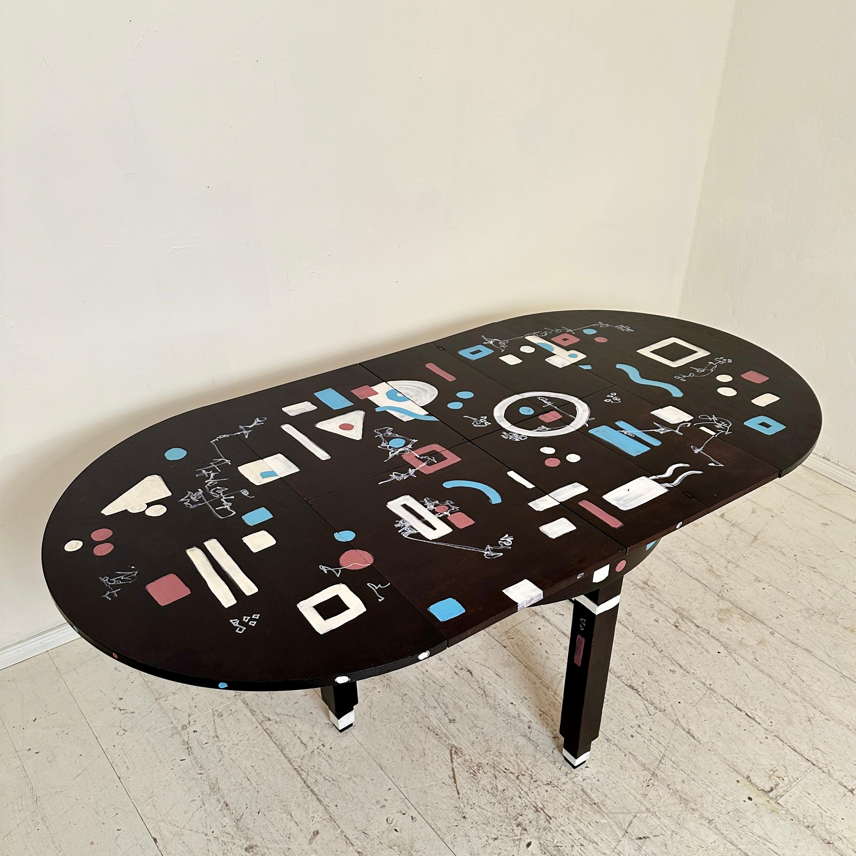 Unique Round Extendable Bauhaus Table Re-Painted in Black and Multiple Colors For Sale 3