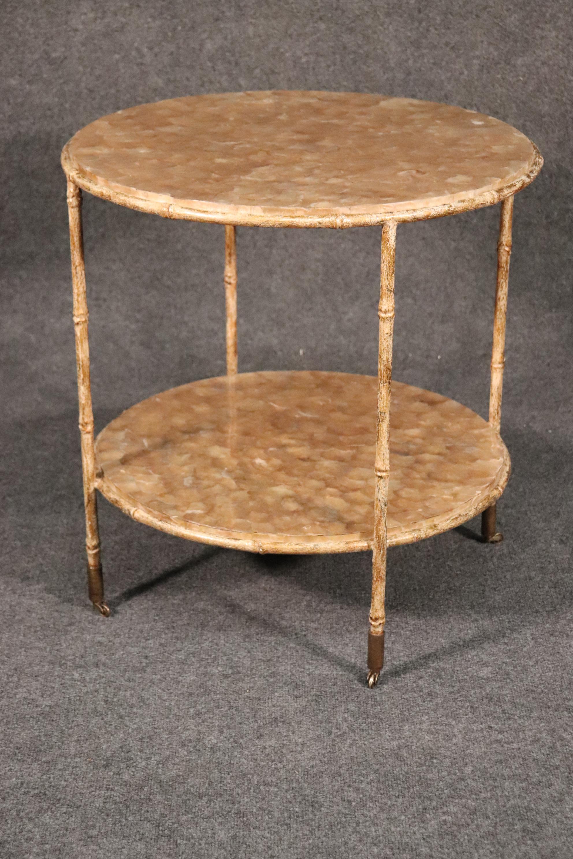 Unique Round Faux Bamboo Capiz Shell Hollywood Regency Two-Tier End Table In Good Condition For Sale In Swedesboro, NJ