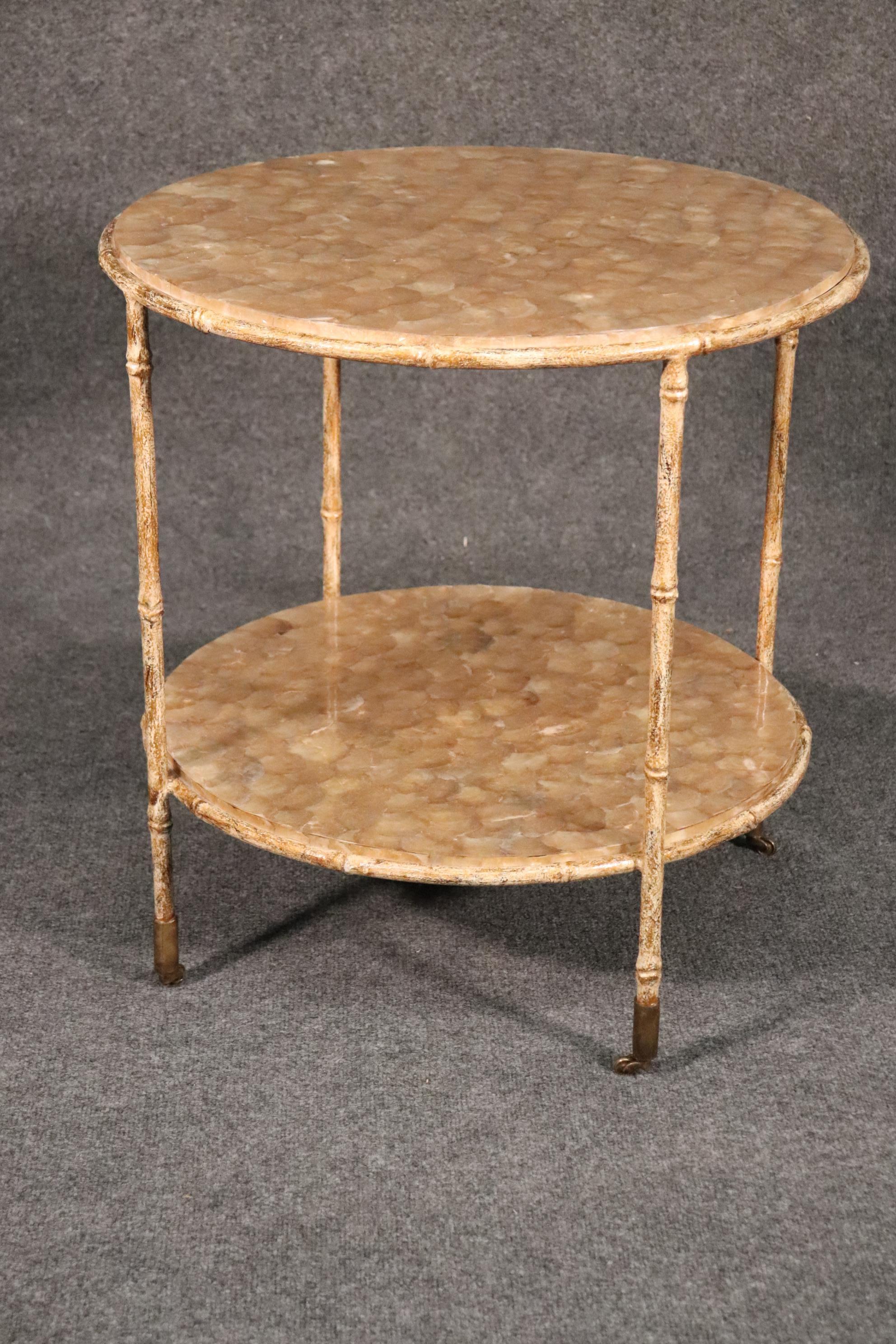 Mid-20th Century Unique Round Faux Bamboo Capiz Shell Hollywood Regency Two-Tier End Table For Sale