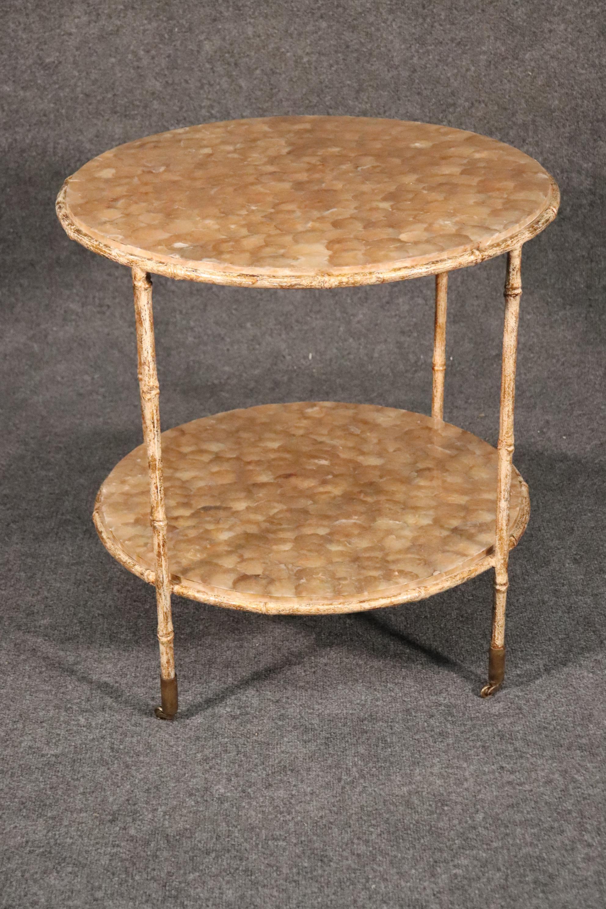 Metal Unique Round Faux Bamboo Capiz Shell Hollywood Regency Two-Tier End Table For Sale