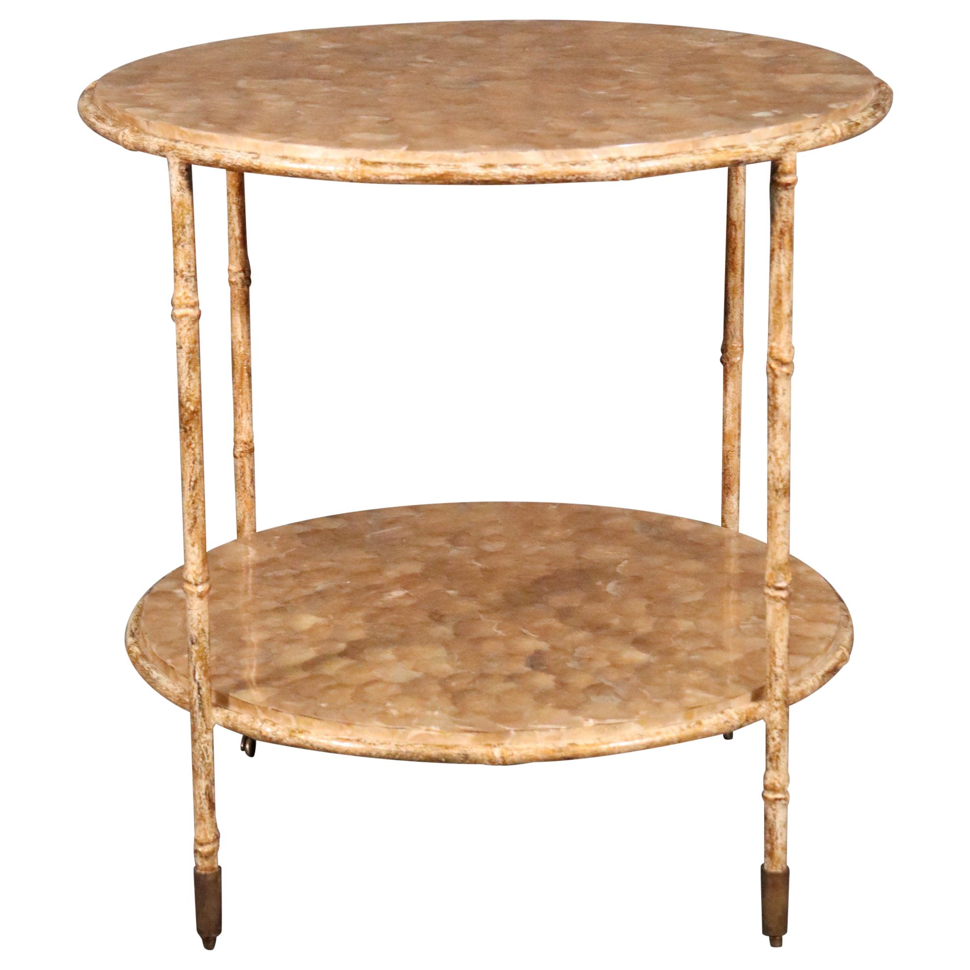 Unique Round Faux Bamboo Capiz Shell Hollywood Regency Two-Tier End Table For Sale