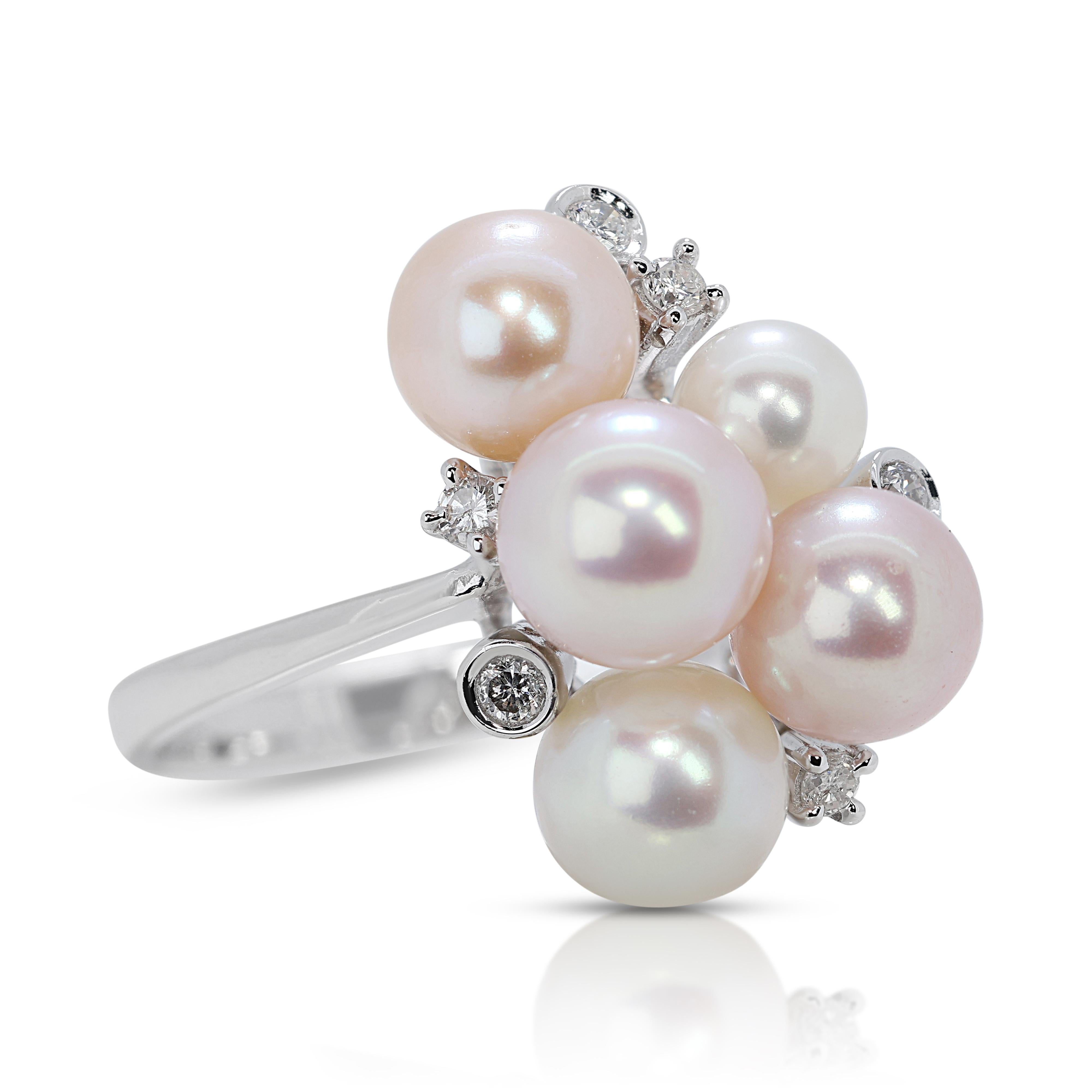 Round Cut Unique Round Pearl Ring with Diamonds in 18K White Gold For Sale