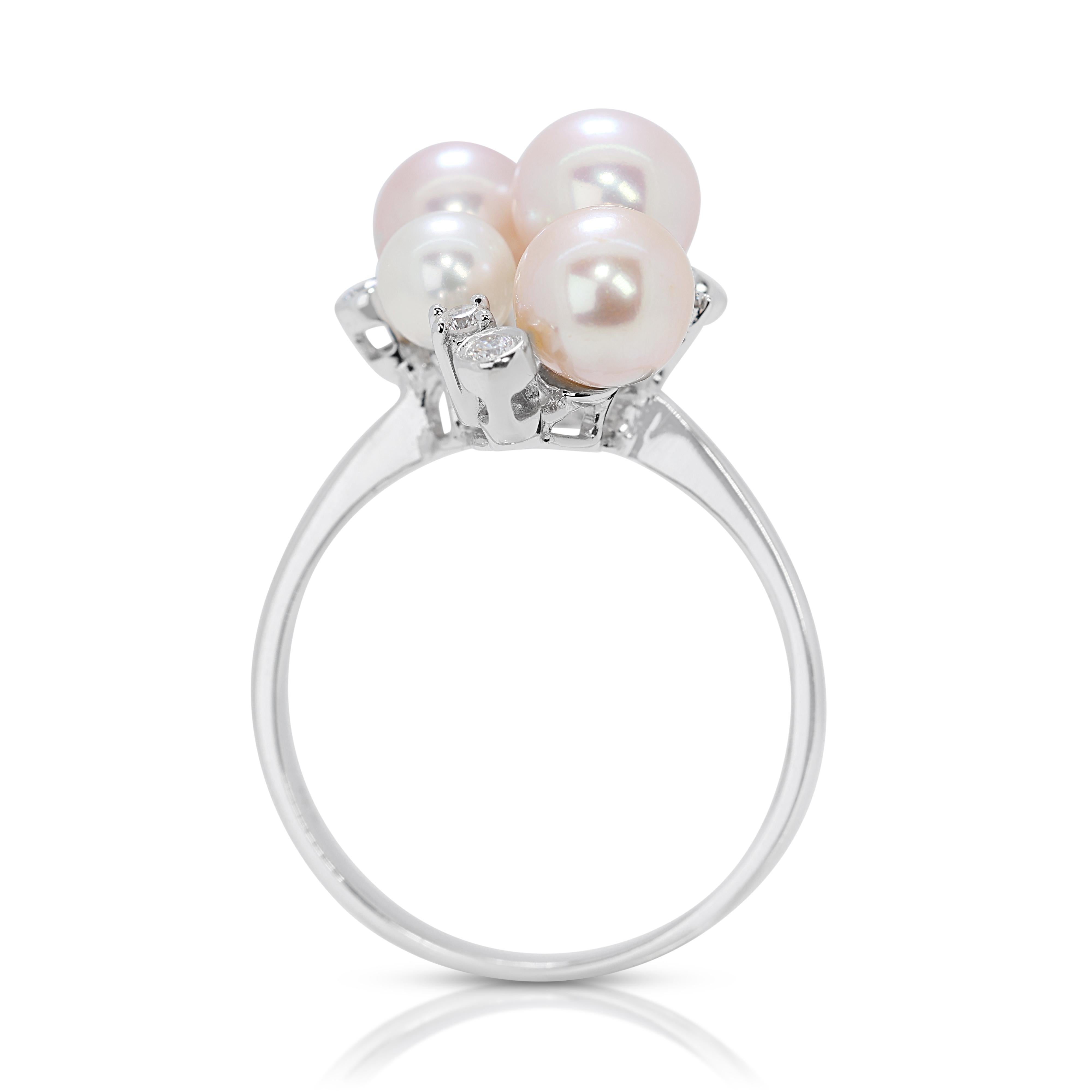 Women's Unique Round Pearl Ring with Diamonds in 18K White Gold For Sale